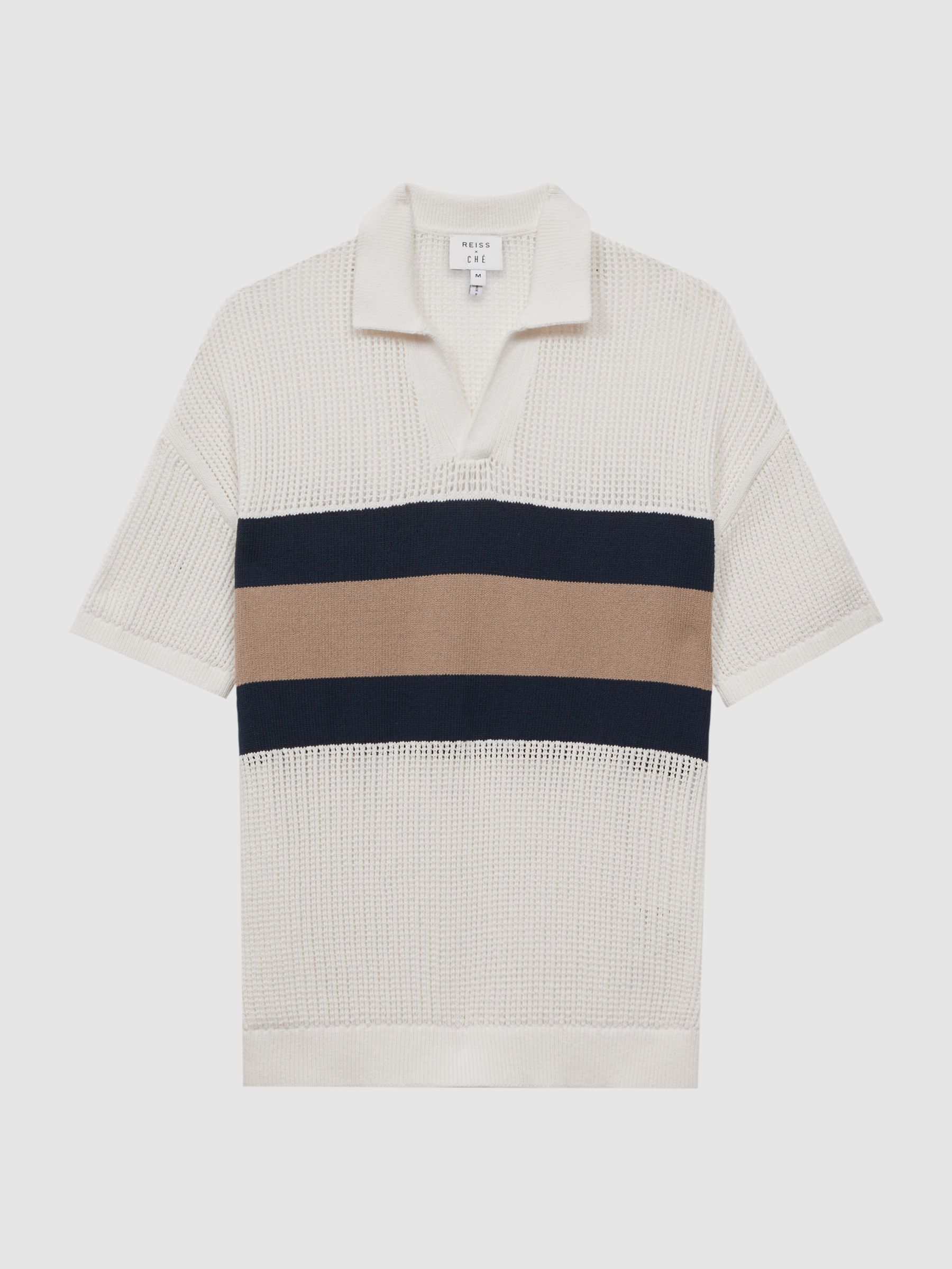Reiss | Ché Crochet Open Collar Polo Shirt in Ecru - Image 2 of 5