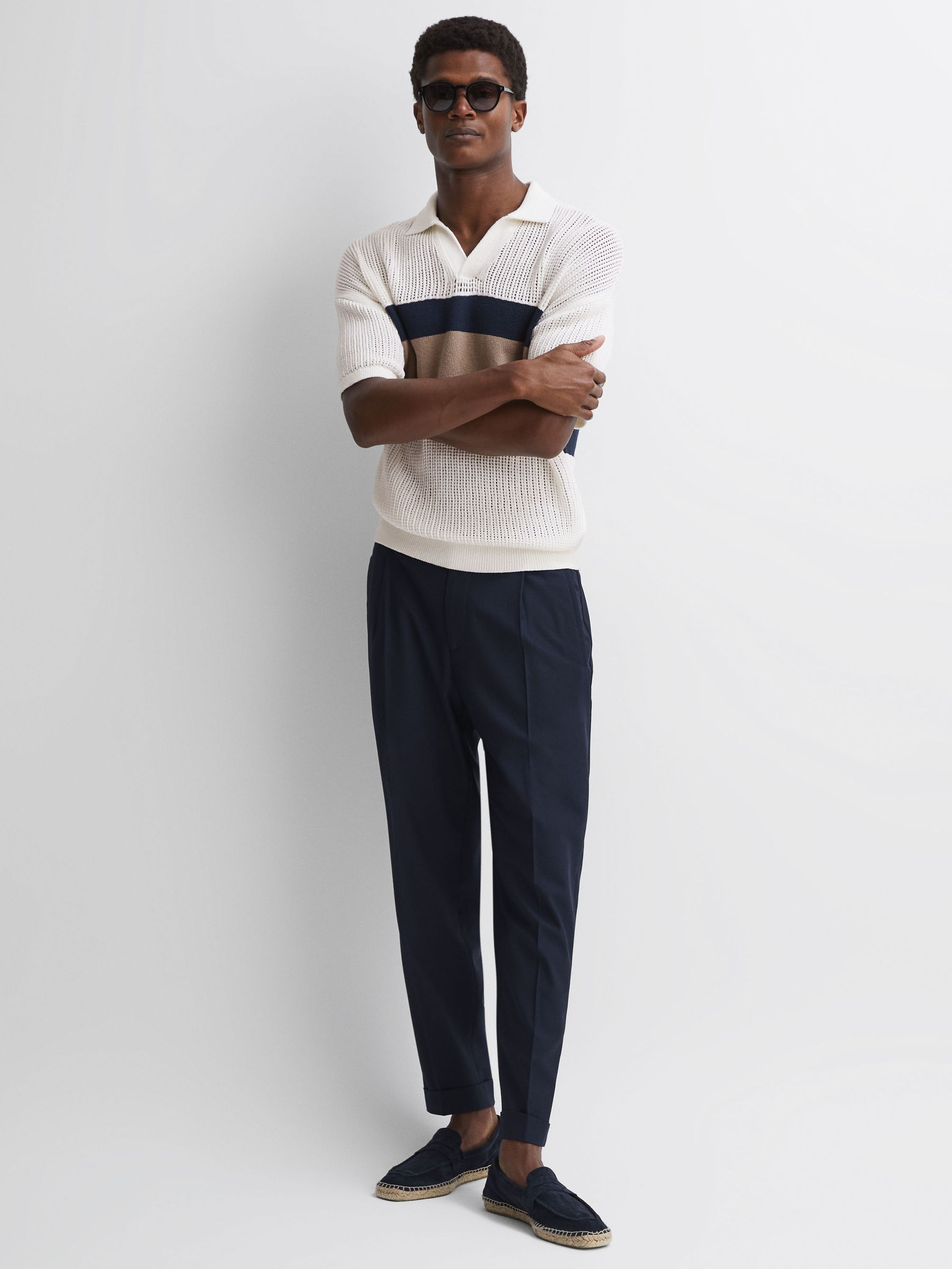 Reiss | Ché Crochet Open Collar Polo Shirt in Ecru - Image 4 of 5