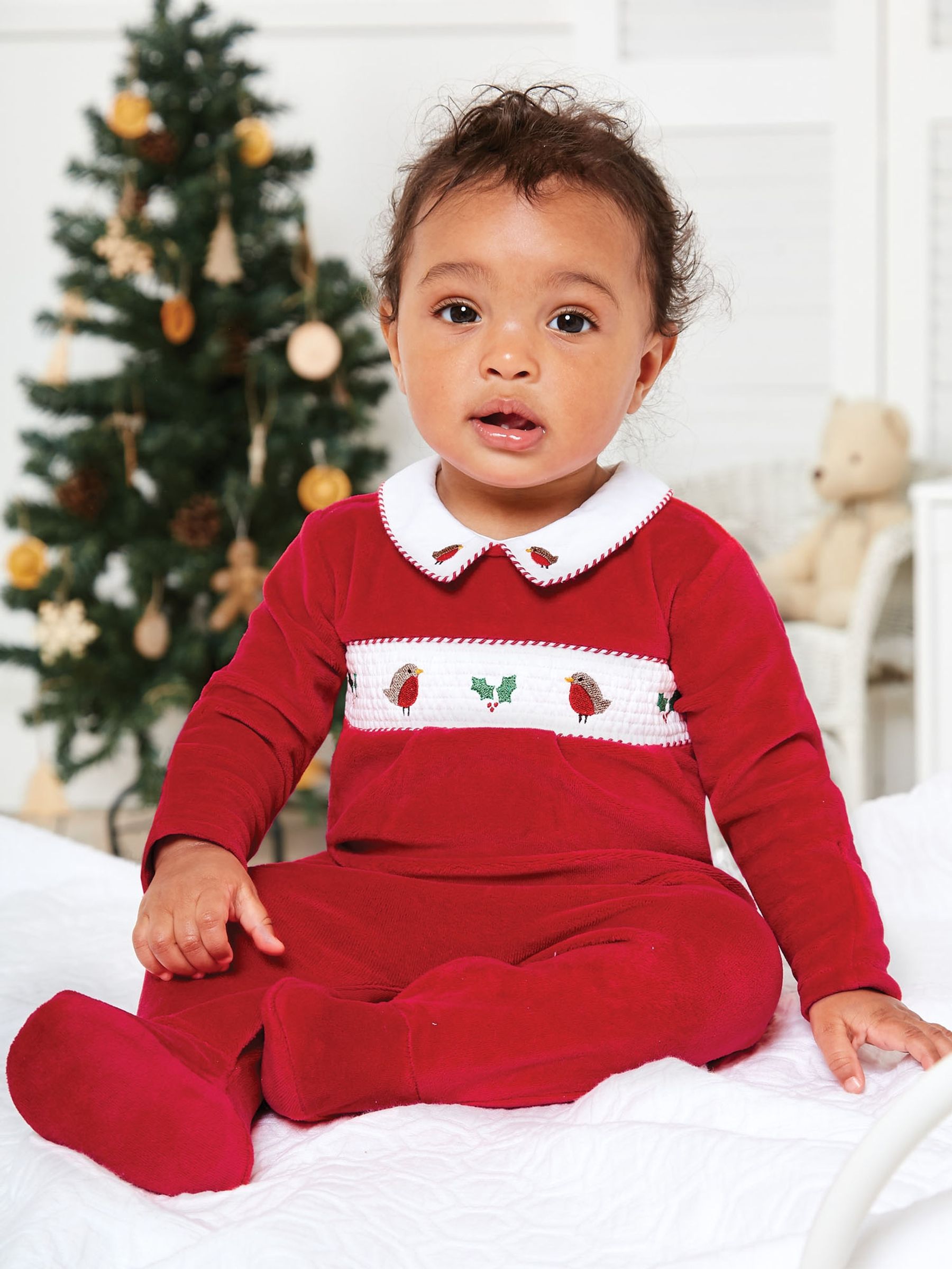 Smocked Christmas Sleepsuit in Red JoJo Maman Bébé