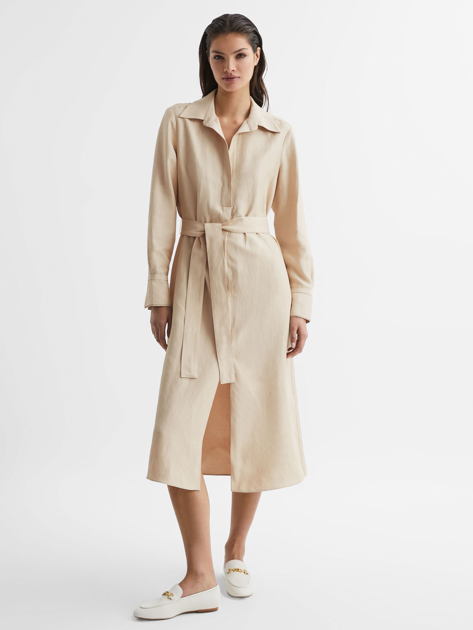 Premium Linen Blend Midi Dress in Neutral - Image 3 of 7