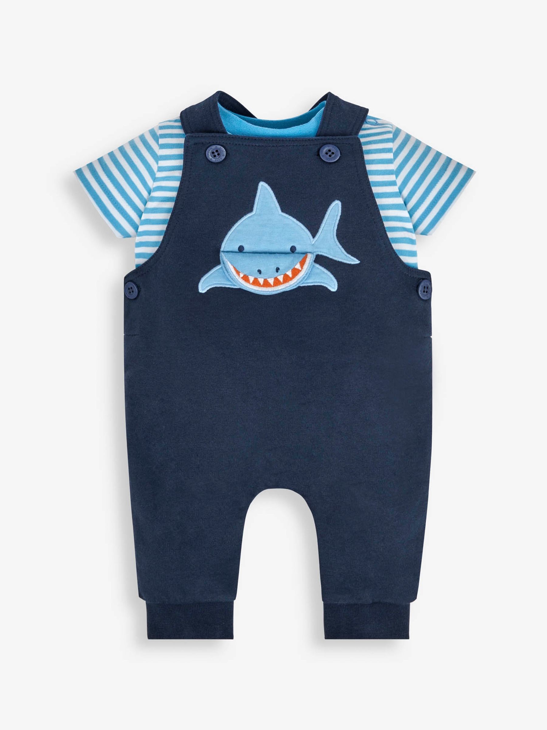 Navy 2-Piece Shark Appliqué Dungarees & Top Set - Image 1 of 6
