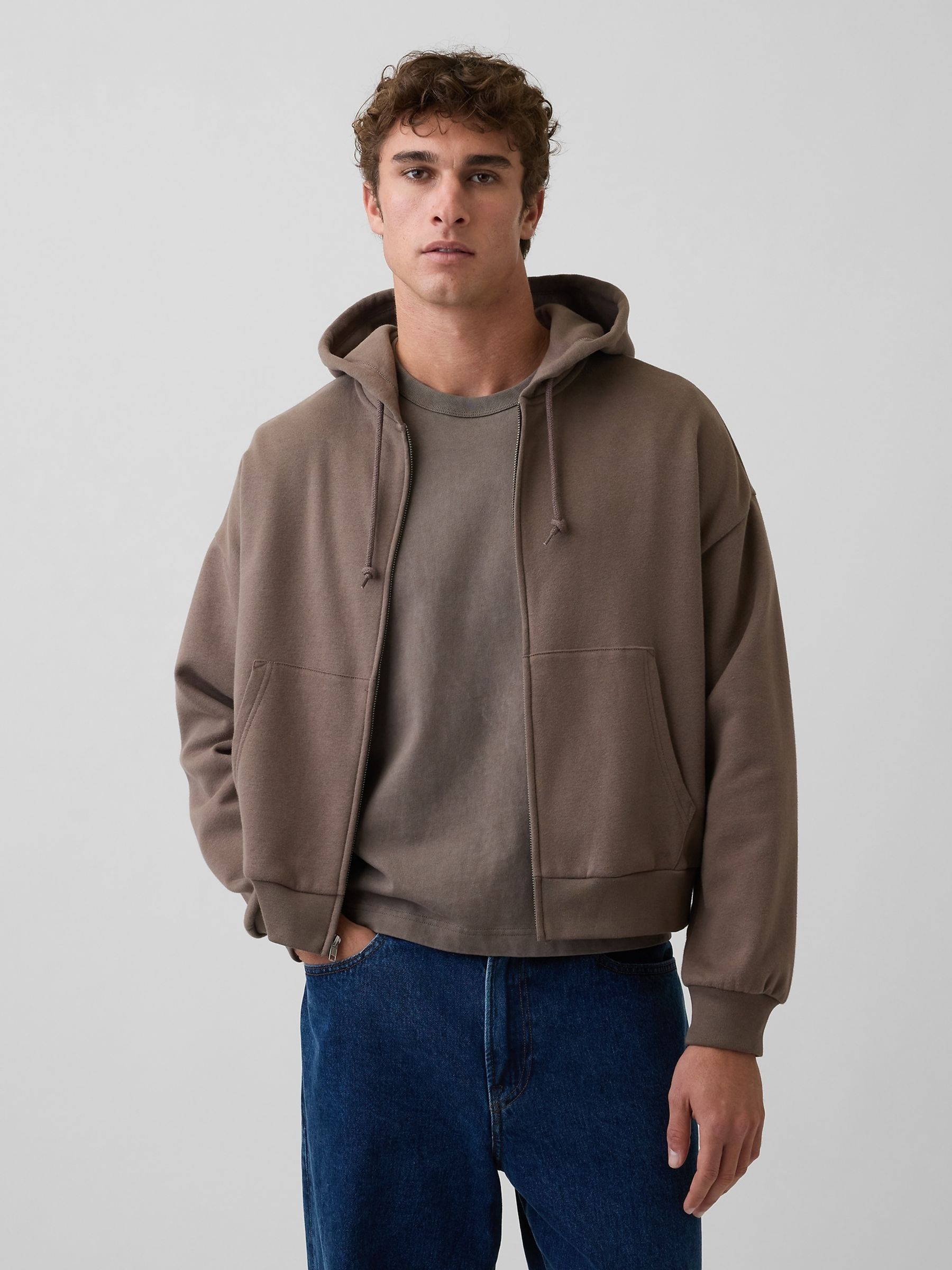 Brown VintageSoft Oversized Crop Zip Hoodie - Image 1 of 4