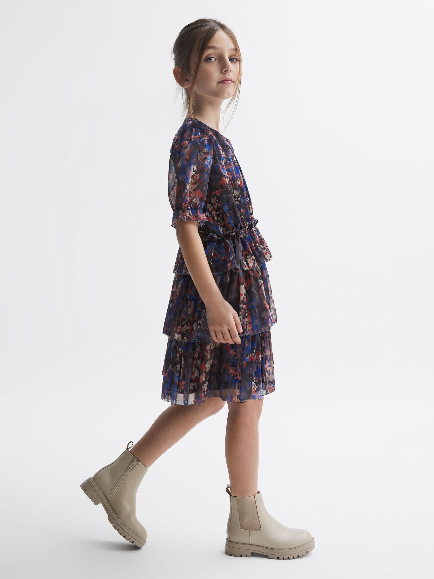 9-12 yrs Printed Tiered Dress in Navy Print - Image 1 of 7