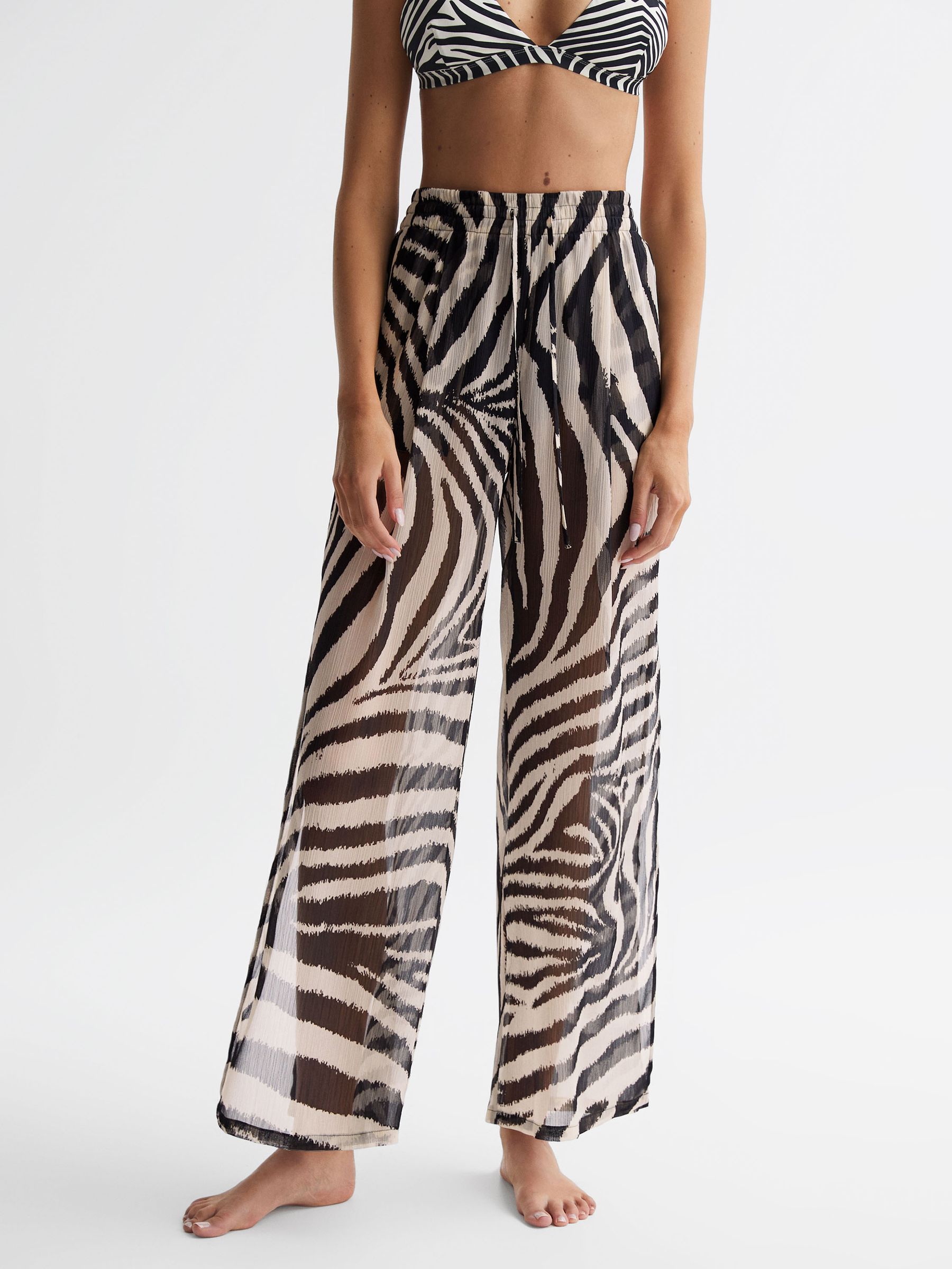 Zebra Print Split Hem Beach Trousers in Black/White - Image 3 of 4