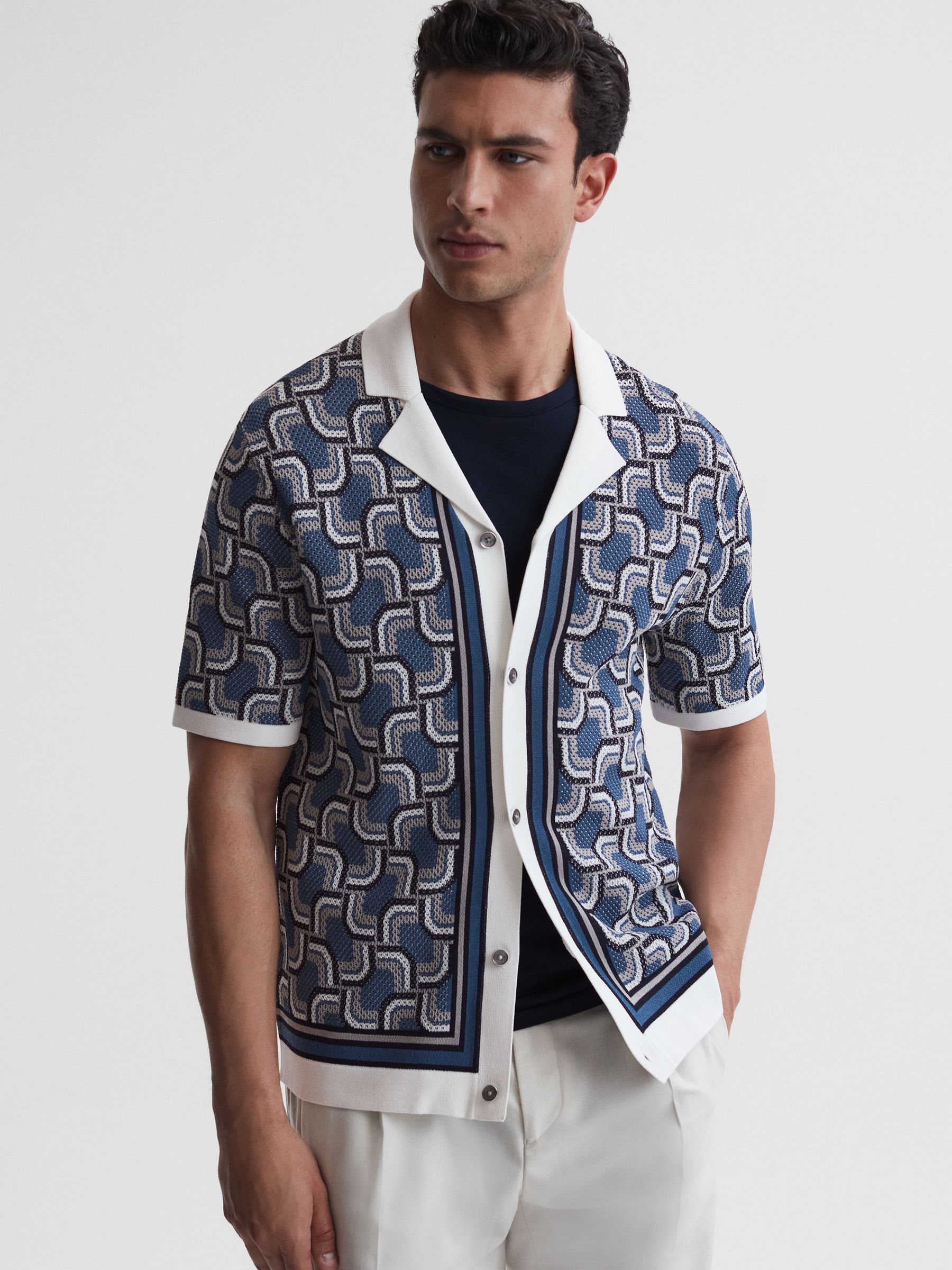 Knitted Cuban Collar Shirt in Blue - Image 1 of 1 Knitted Cuban Collar Shirt in Blue - Image 1 of 1