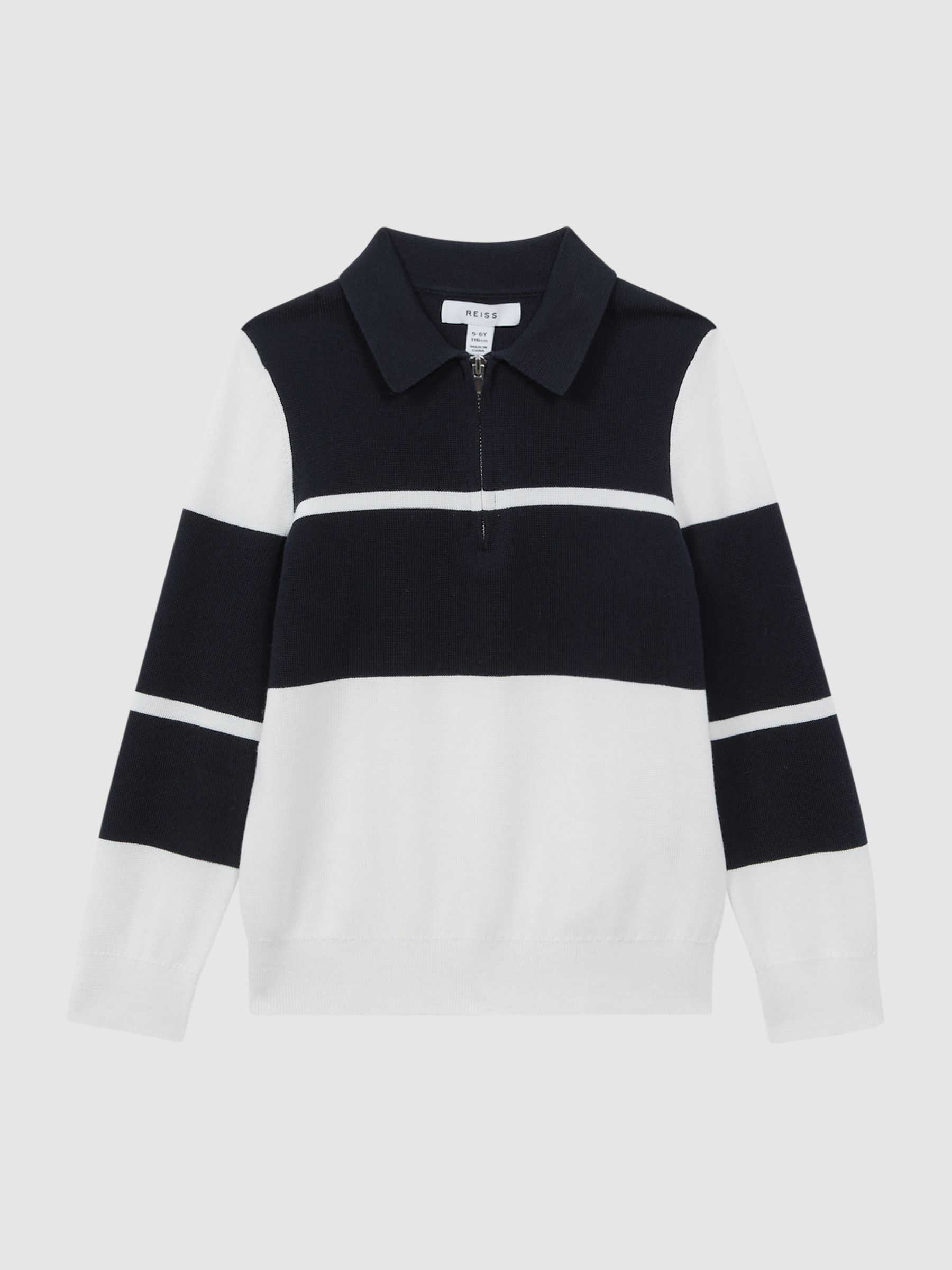 Junior Slim Fit Half-Zip Long Sleeve Polo Shirt in Navy/White - Image 2 of 6