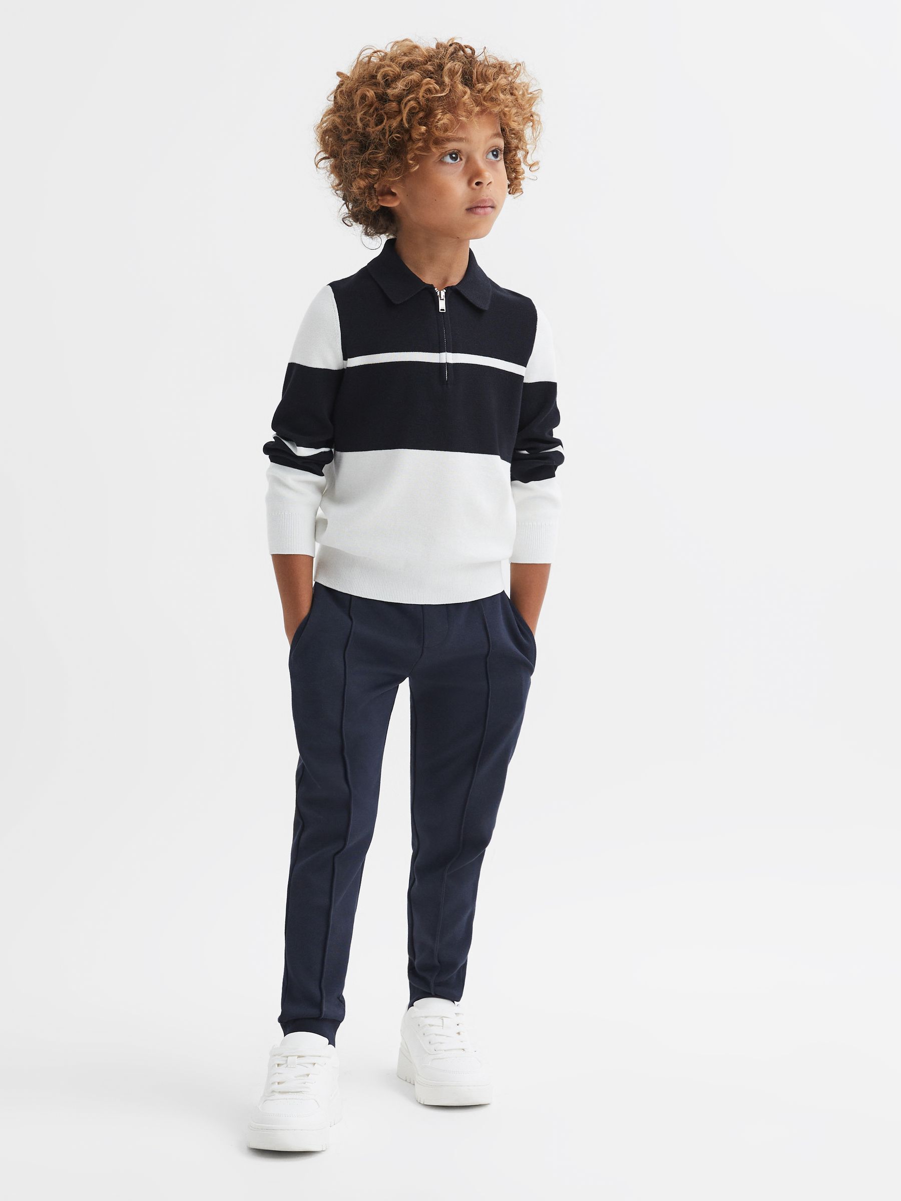 Junior Slim Fit Half-Zip Long Sleeve Polo Shirt in Navy/White - Image 3 of 6