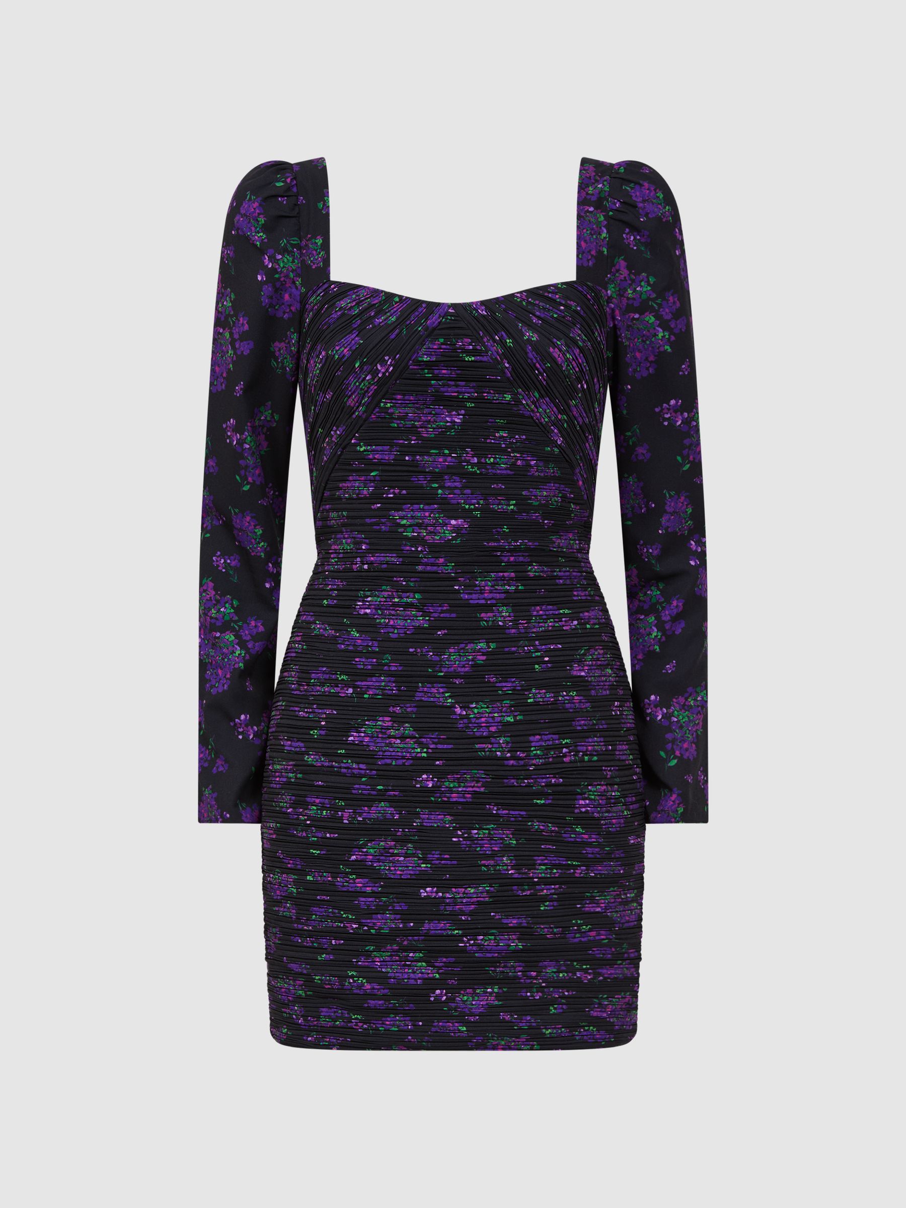 Amur Pleated Floral Bodycon Mini Dress in Hydrangea Berry - Image 2 of 6