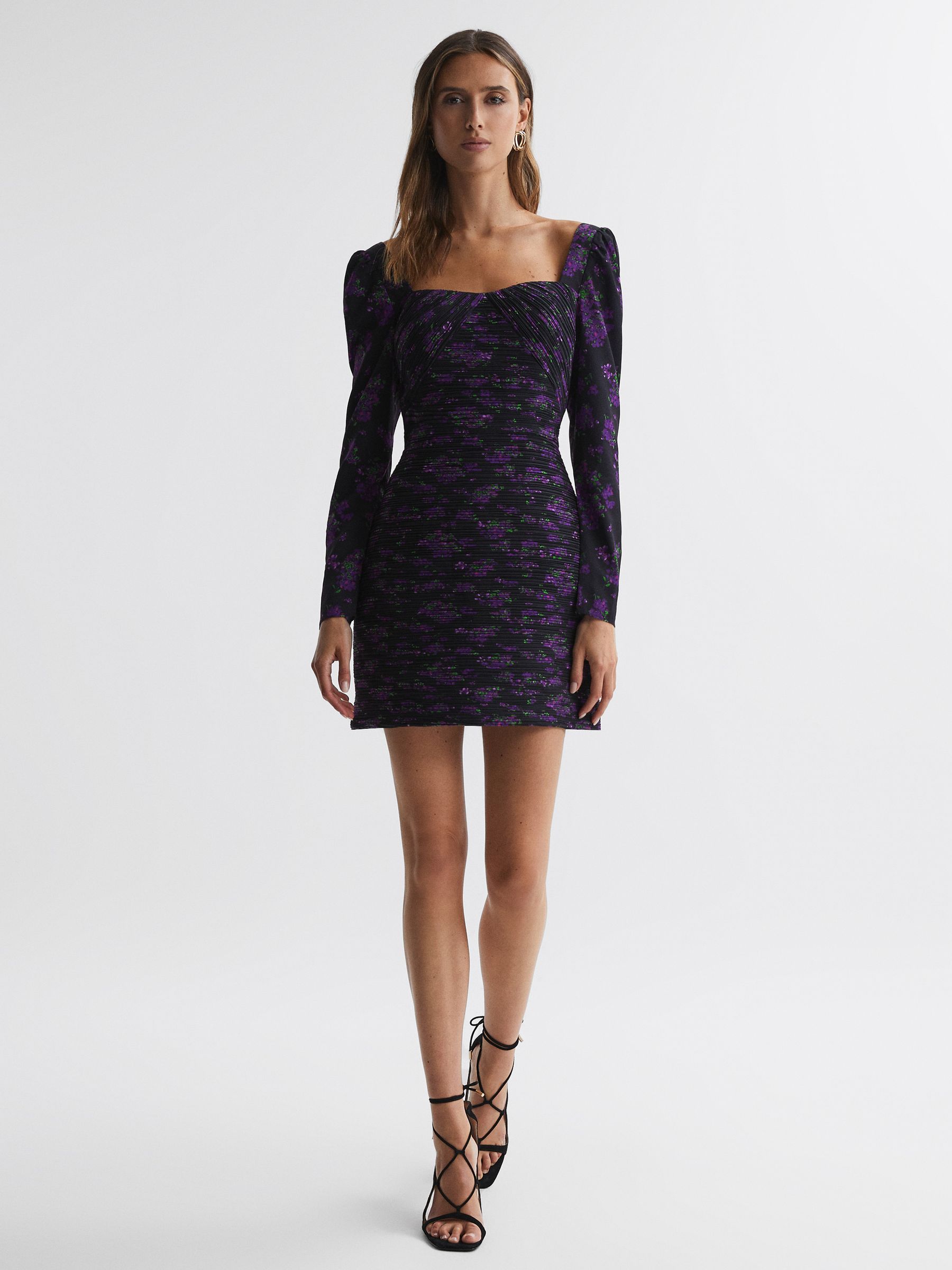 Amur Pleated Floral Bodycon Mini Dress in Hydrangea Berry - Image 3 of 6