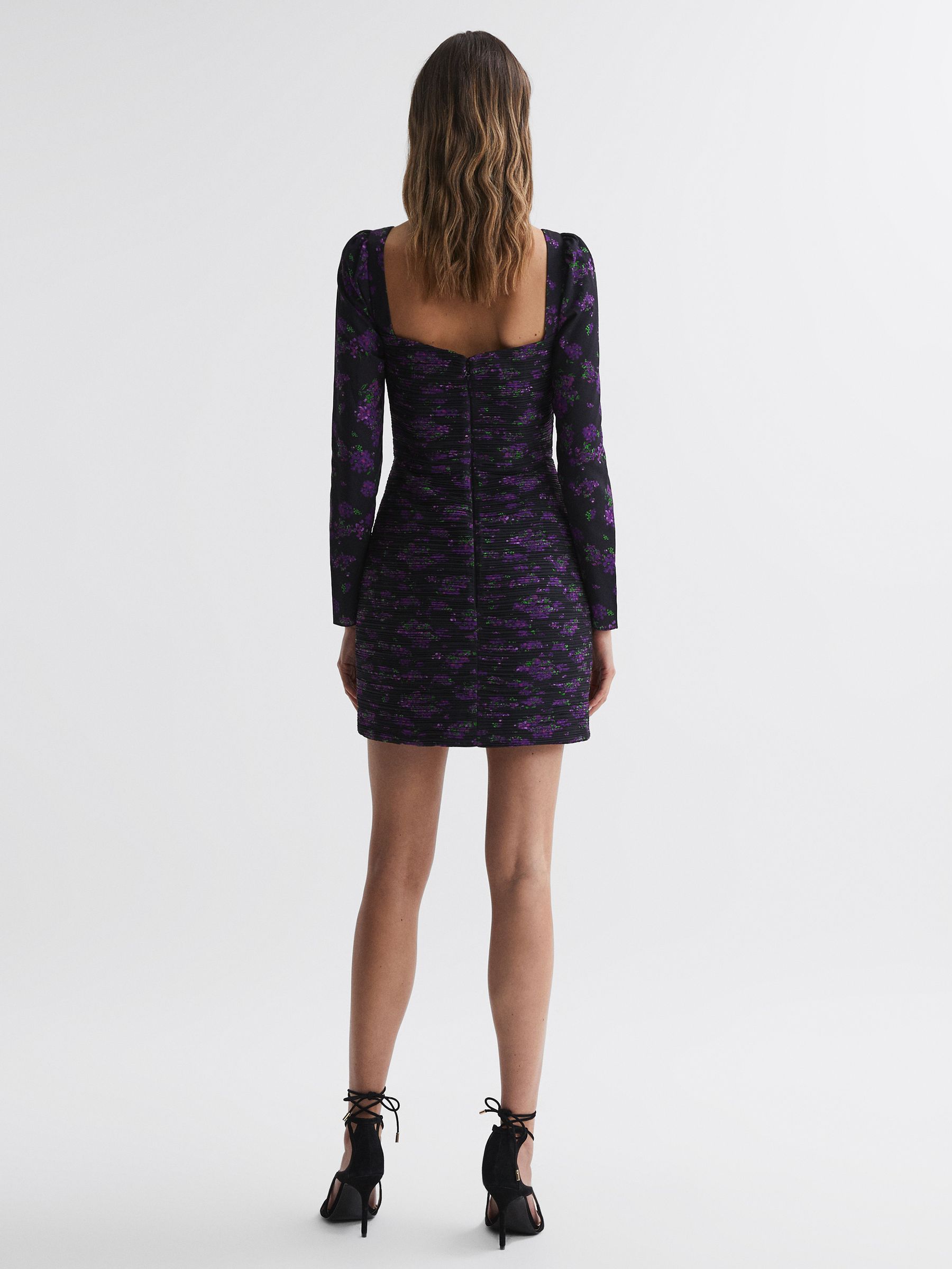 Amur Pleated Floral Bodycon Mini Dress in Hydrangea Berry - Image 5 of 6