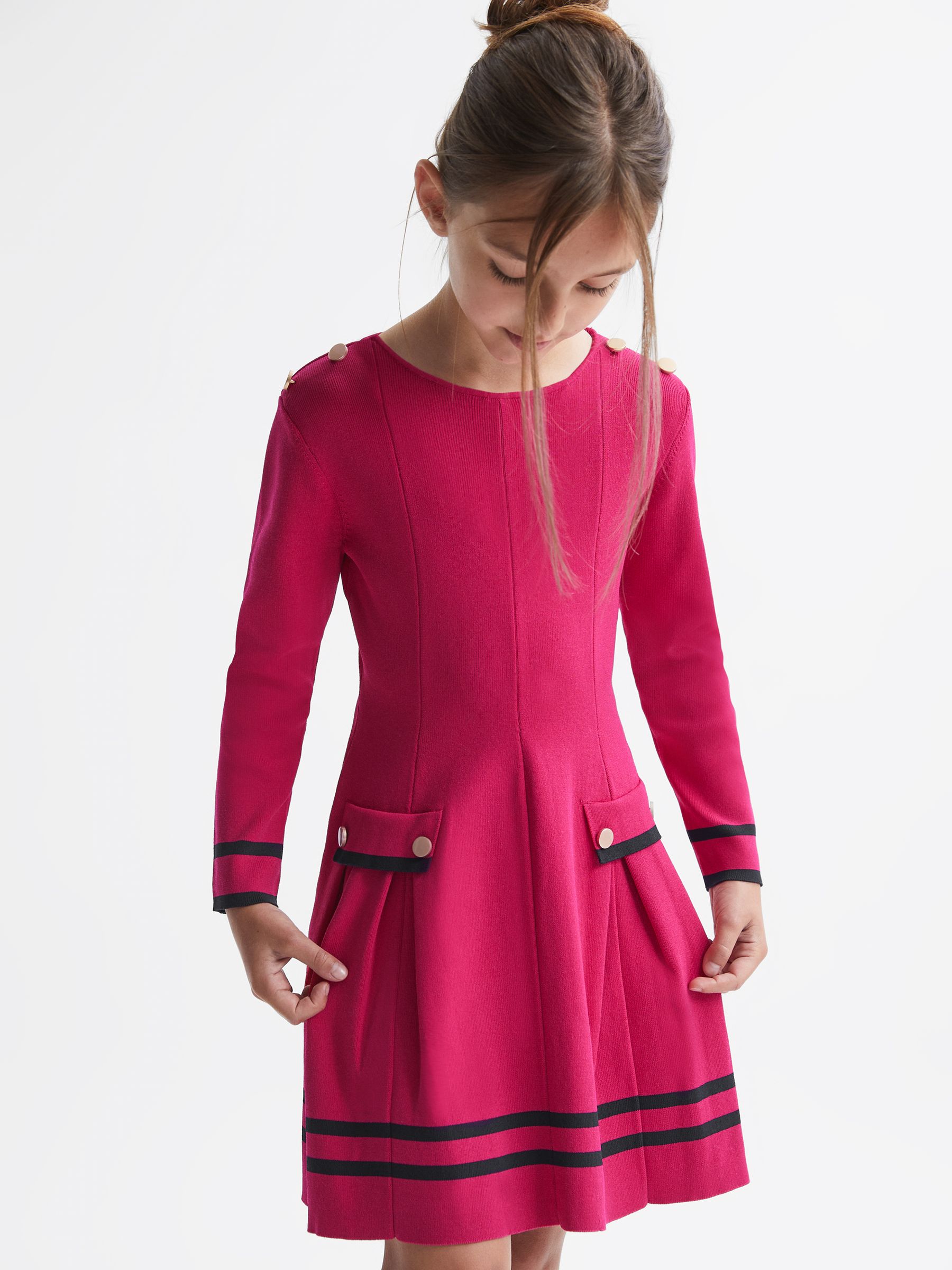 Senior Knitted Flared Dress in Bright Pink - Image 1 of 6