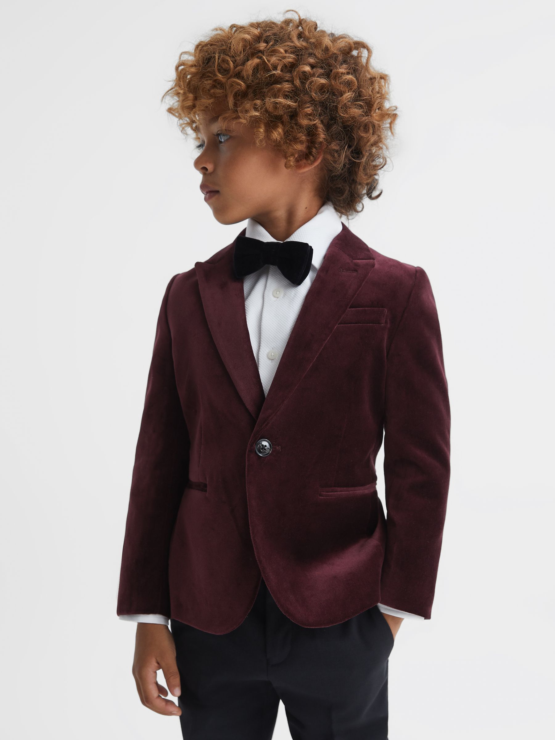 3-9 yrs Slim Fit Velvet Single Breasted Blazer in Bordeaux - Image 1 of 6