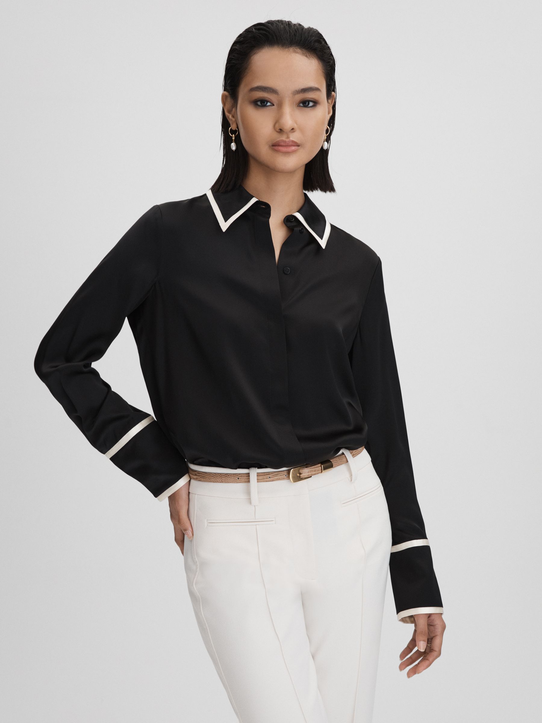 Silk Contrast Trim Button-Through Shirt in Black - Image 1 of 5 Silk Contrast Trim Button-Through Shirt in Black - Image 1 of 5