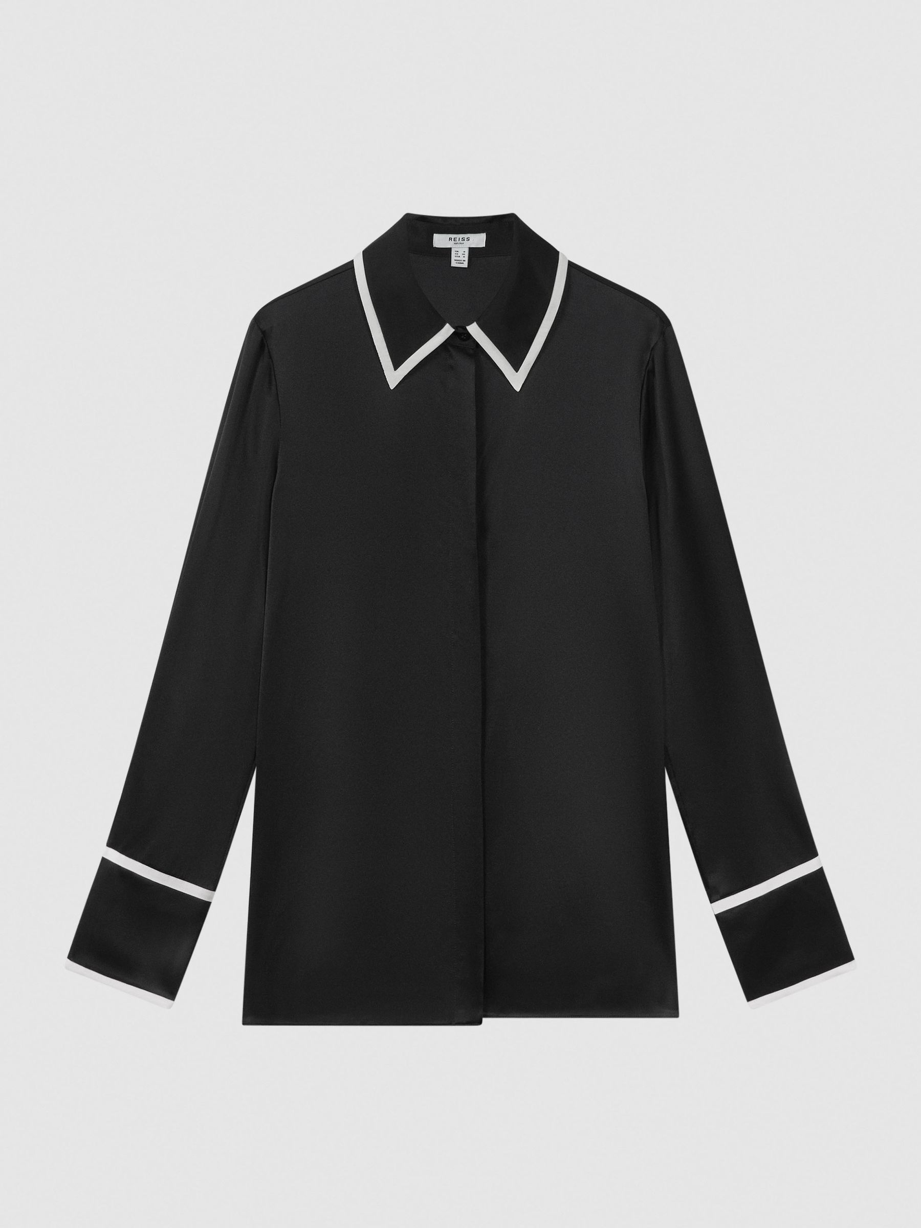 Silk Contrast Trim Button-Through Shirt in Black - Image 2 of 5 Silk Contrast Trim Button-Through Shirt in Black - Image 2 of 5