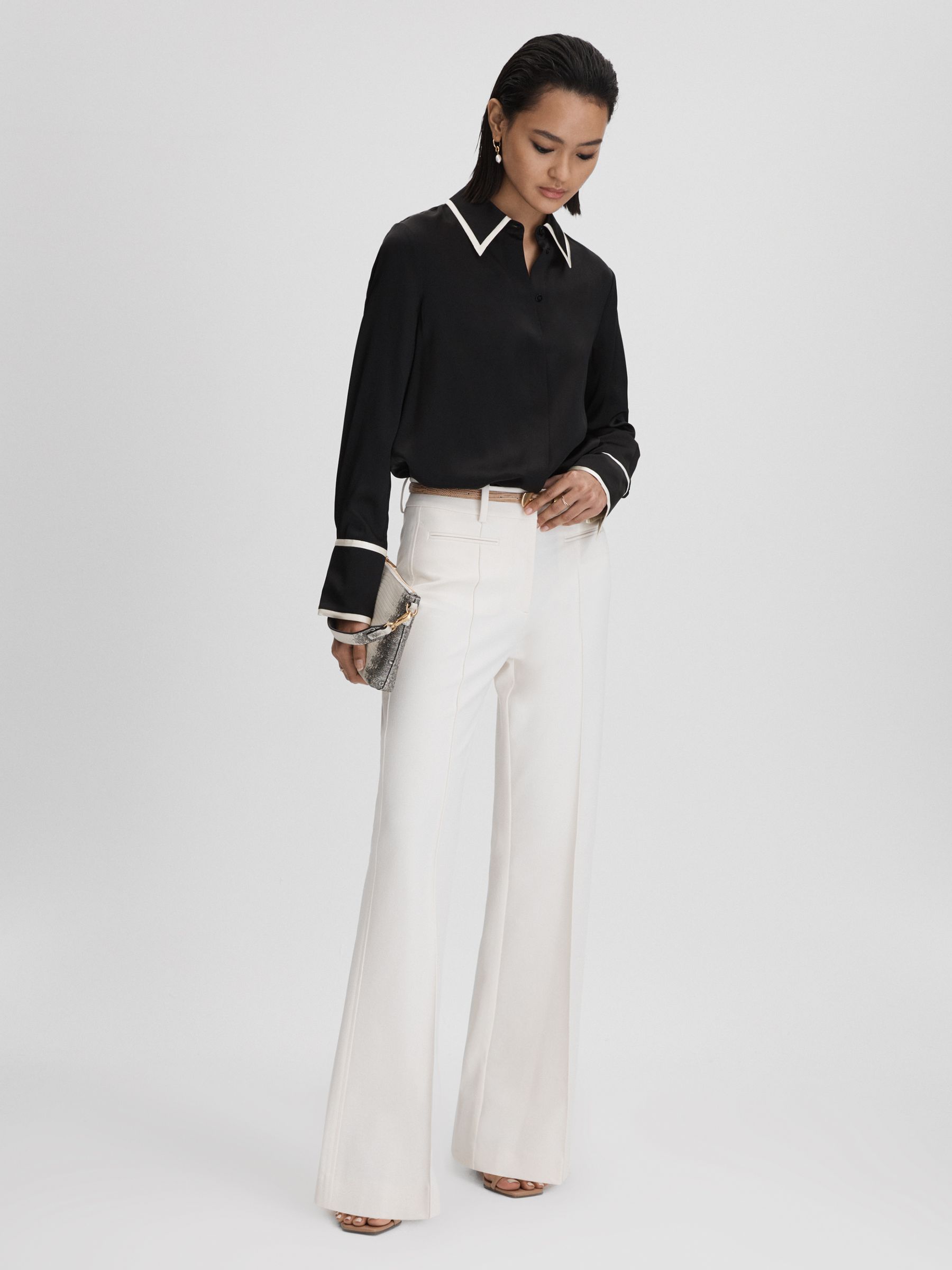 Silk Contrast Trim Button-Through Shirt in Black - Image 3 of 5