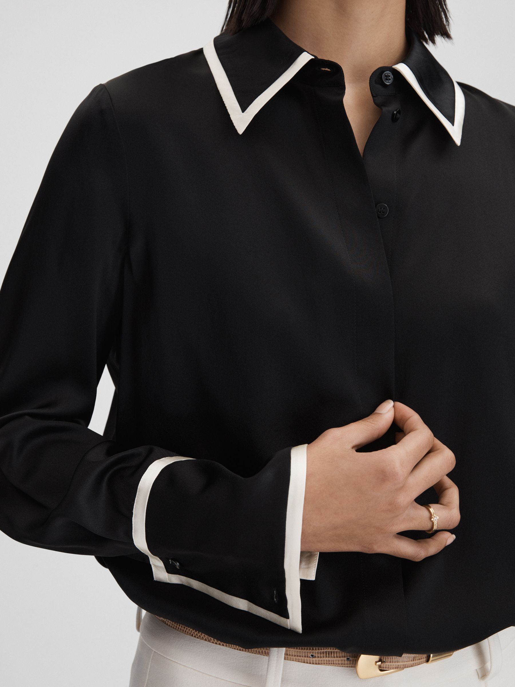 Silk Contrast Trim Button-Through Shirt in Black - Image 4 of 5