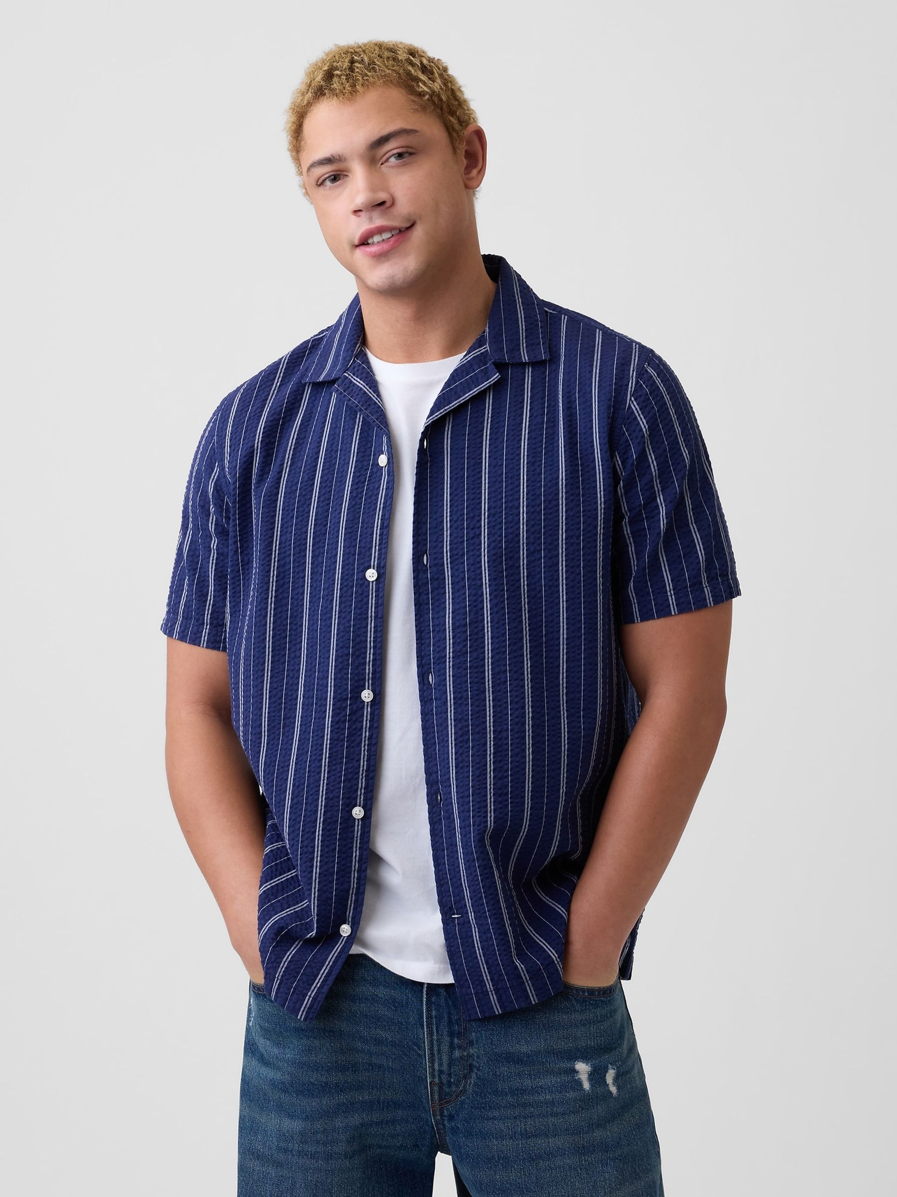 Navy Stripe Seersucker Holiday Shirt - Image 1 of 5
