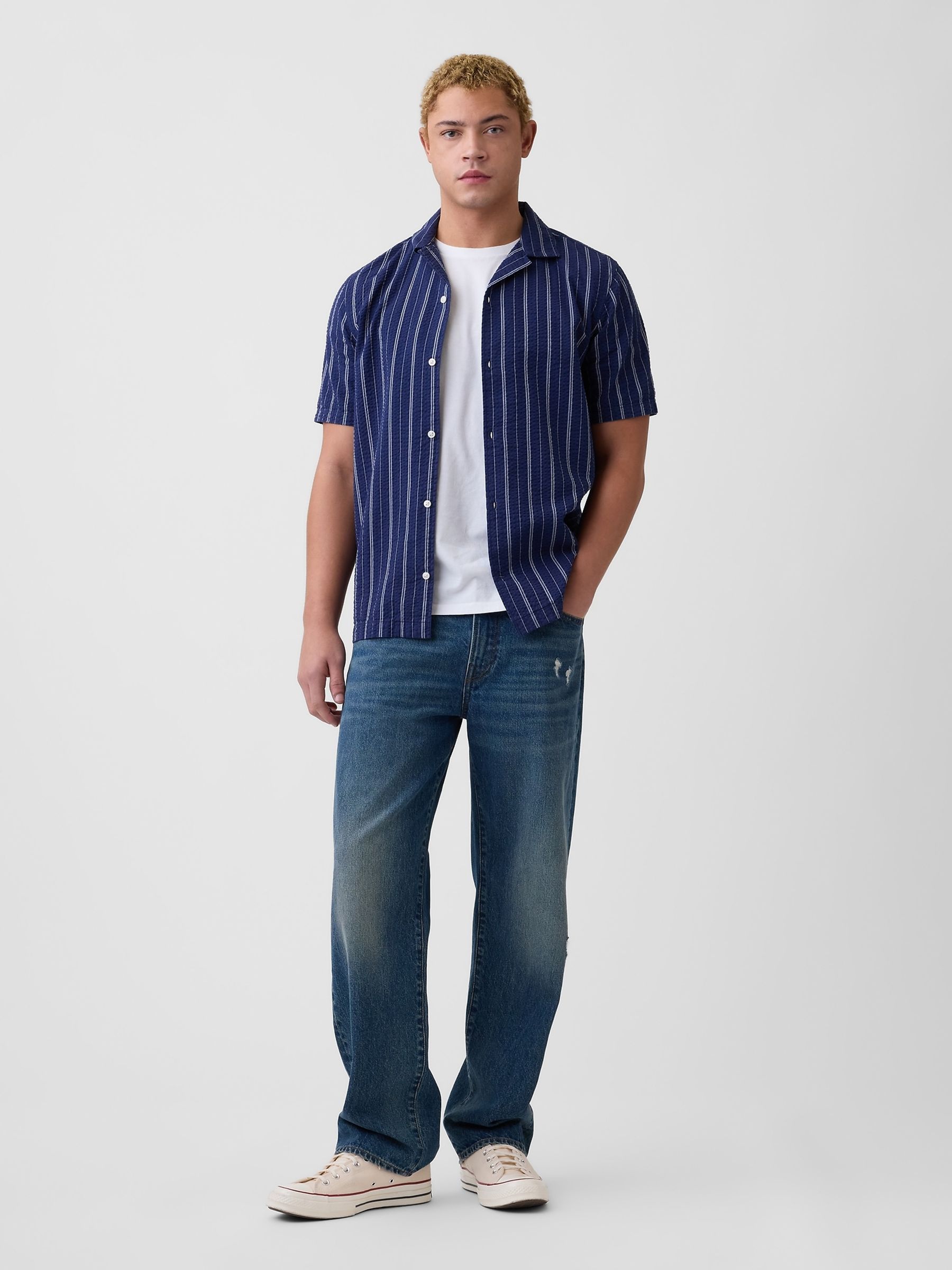 Navy Stripe Seersucker Holiday Shirt - Image 3 of 5