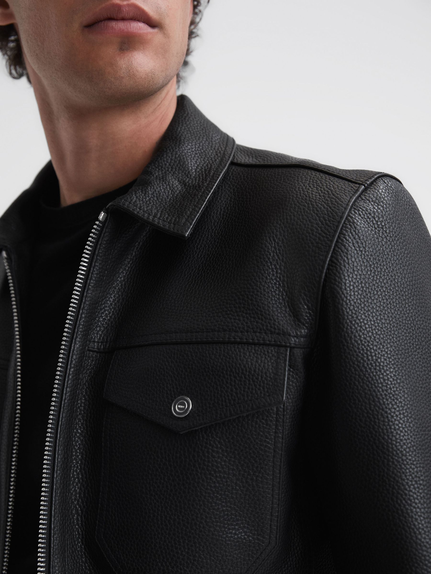 Leather Zip Through Jacket in Black - Image 3 of 4