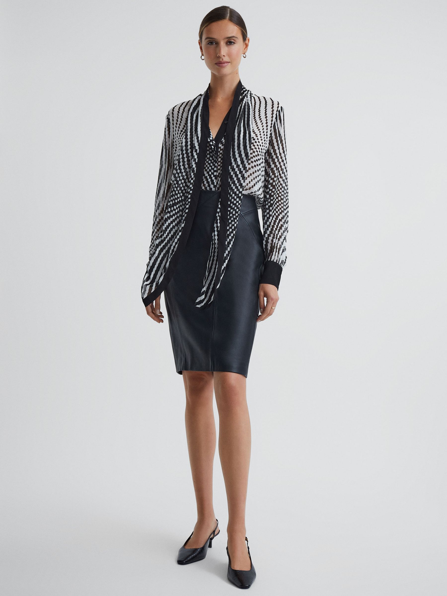 Check Tie Neck Blouse in Black/White - Image 1 of 5