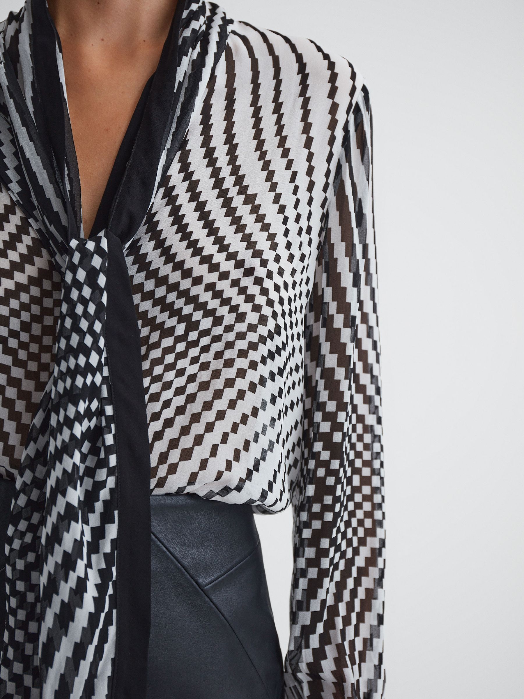 Check Tie Neck Blouse in Black/White - Image 3 of 5