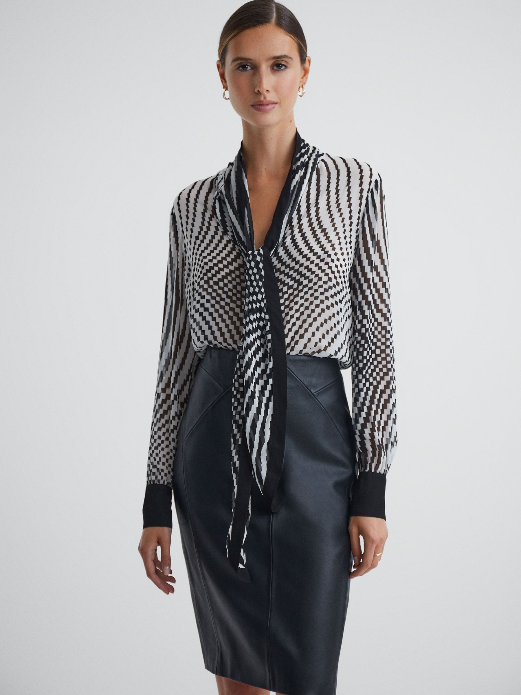 Check Tie Neck Blouse in Black/White - Image 4 of 5