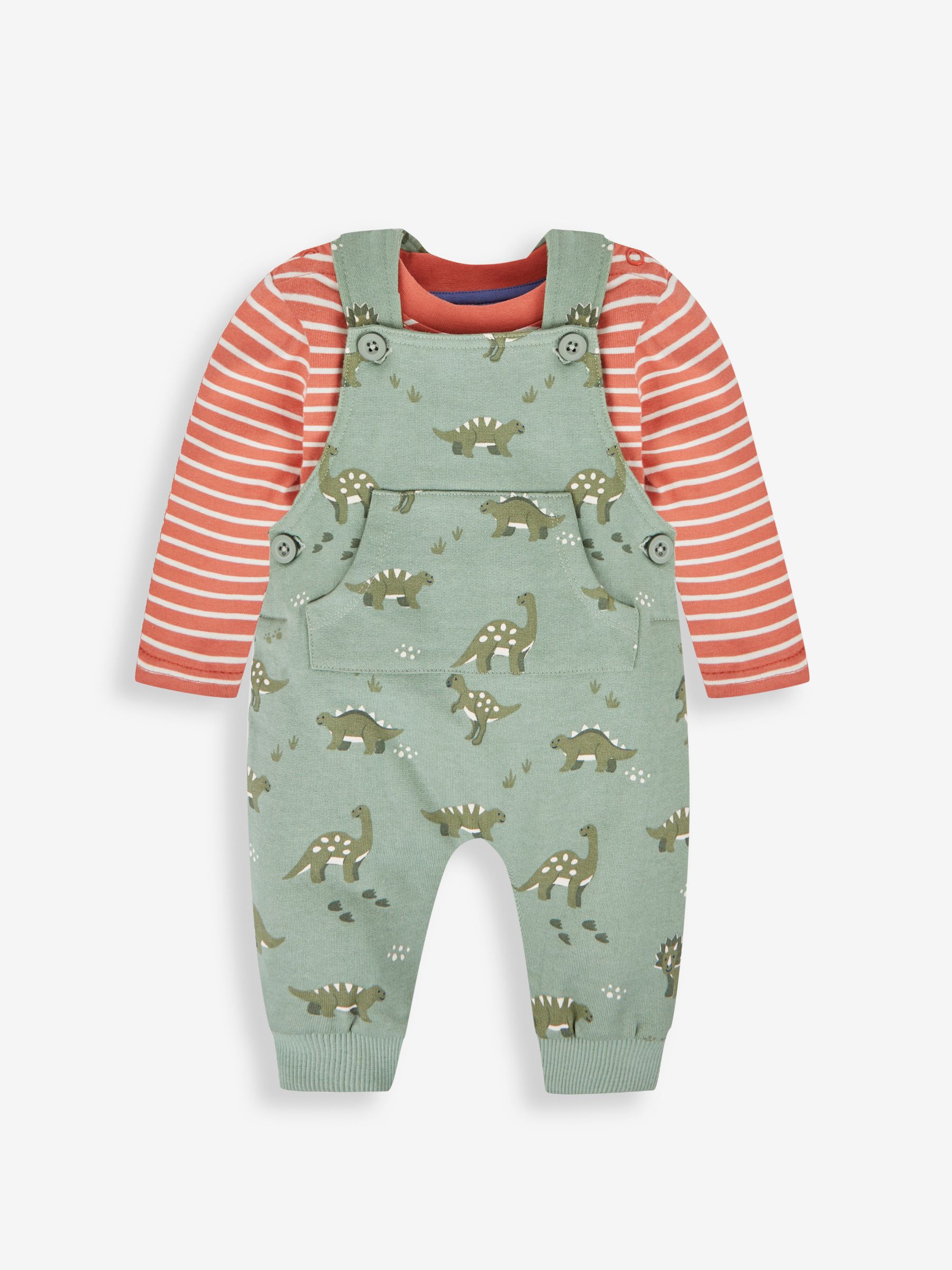 Khaki Green Dino Dungarees & Stripe Top Set - Image 1 of 5