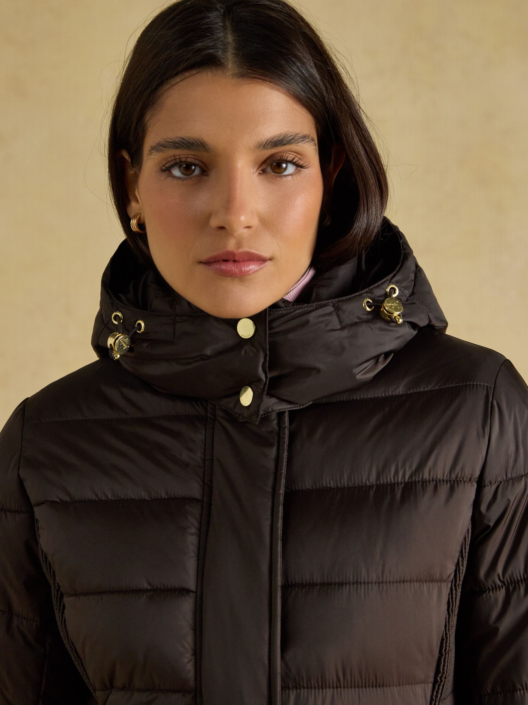 Windborough Chocolate Brown Showerproof Longline Padded Coat with Hood - Image 3 of 10