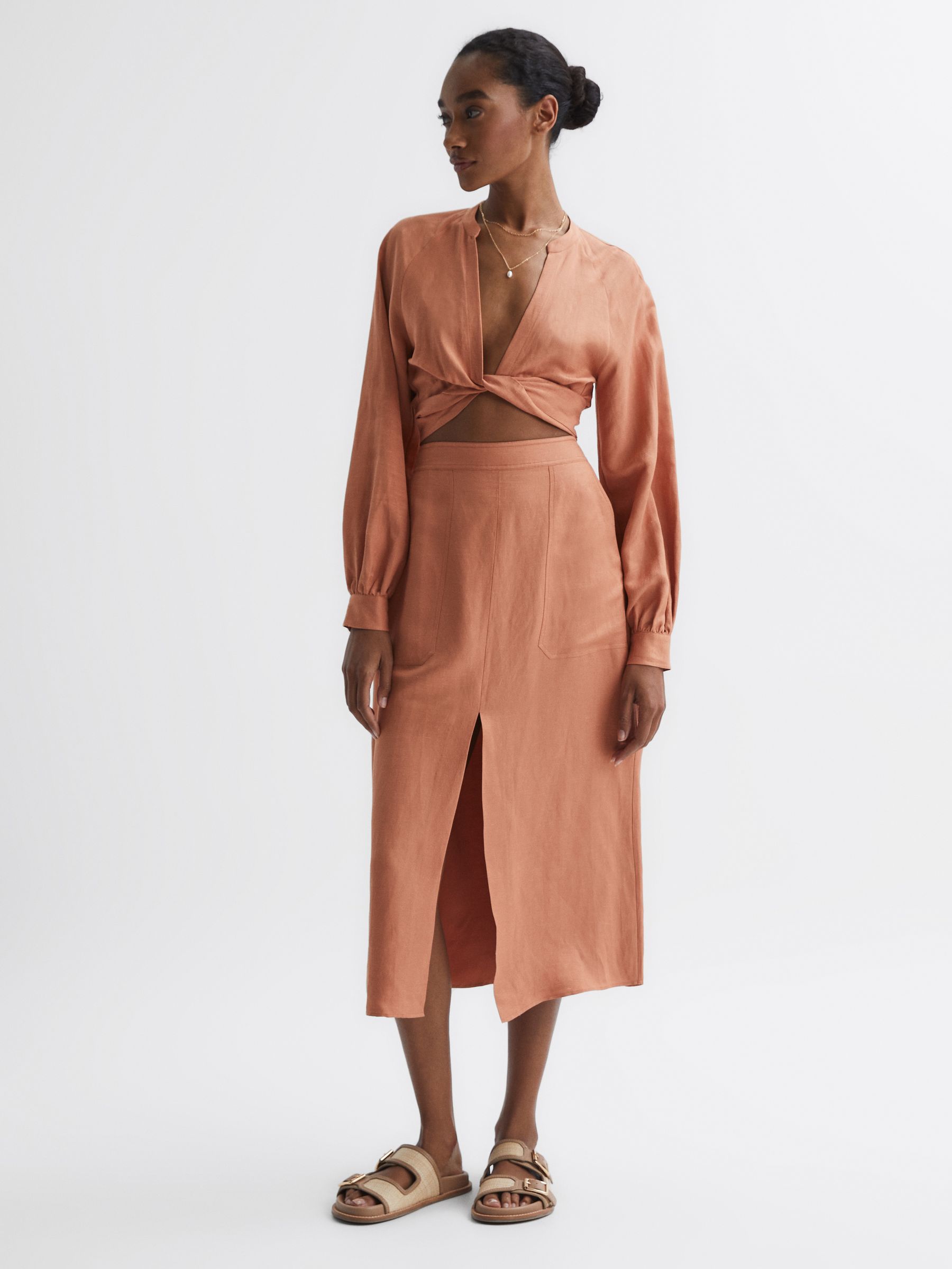 Linen High Rise Skirt in Rust - Image 3 of 5