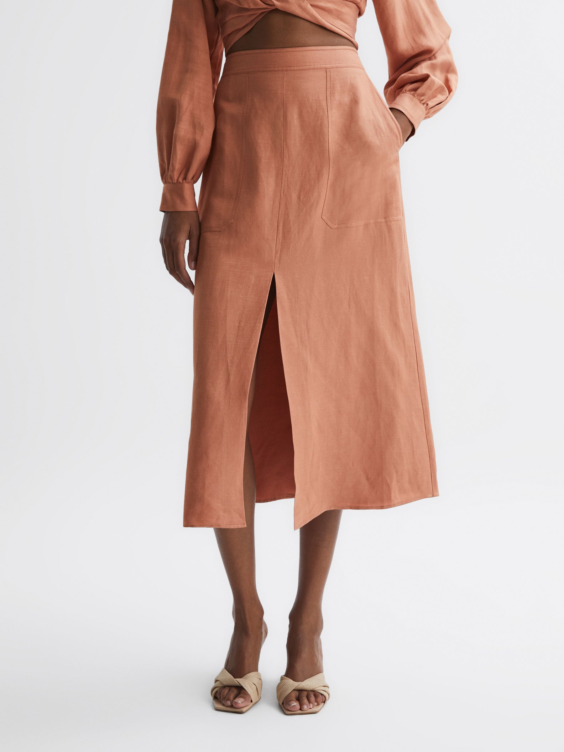 Linen High Rise Skirt in Rust - Image 4 of 5