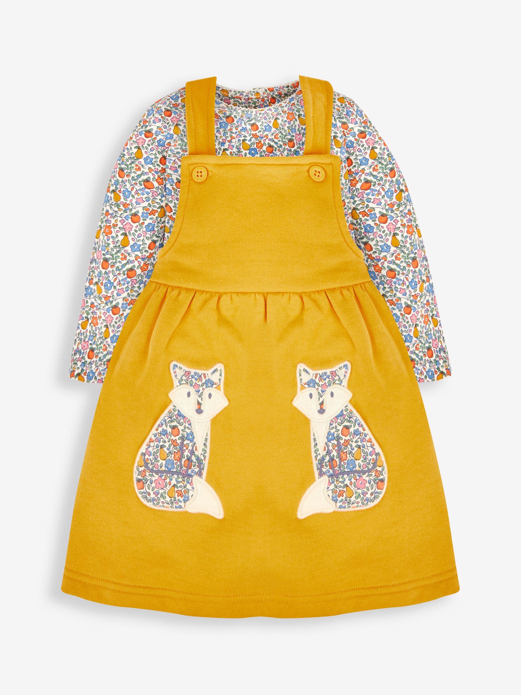 Mustard Yellow Fox Girls' 2-Piece Appliqué Pinafore Dress & Top Set - Image 1 of 6