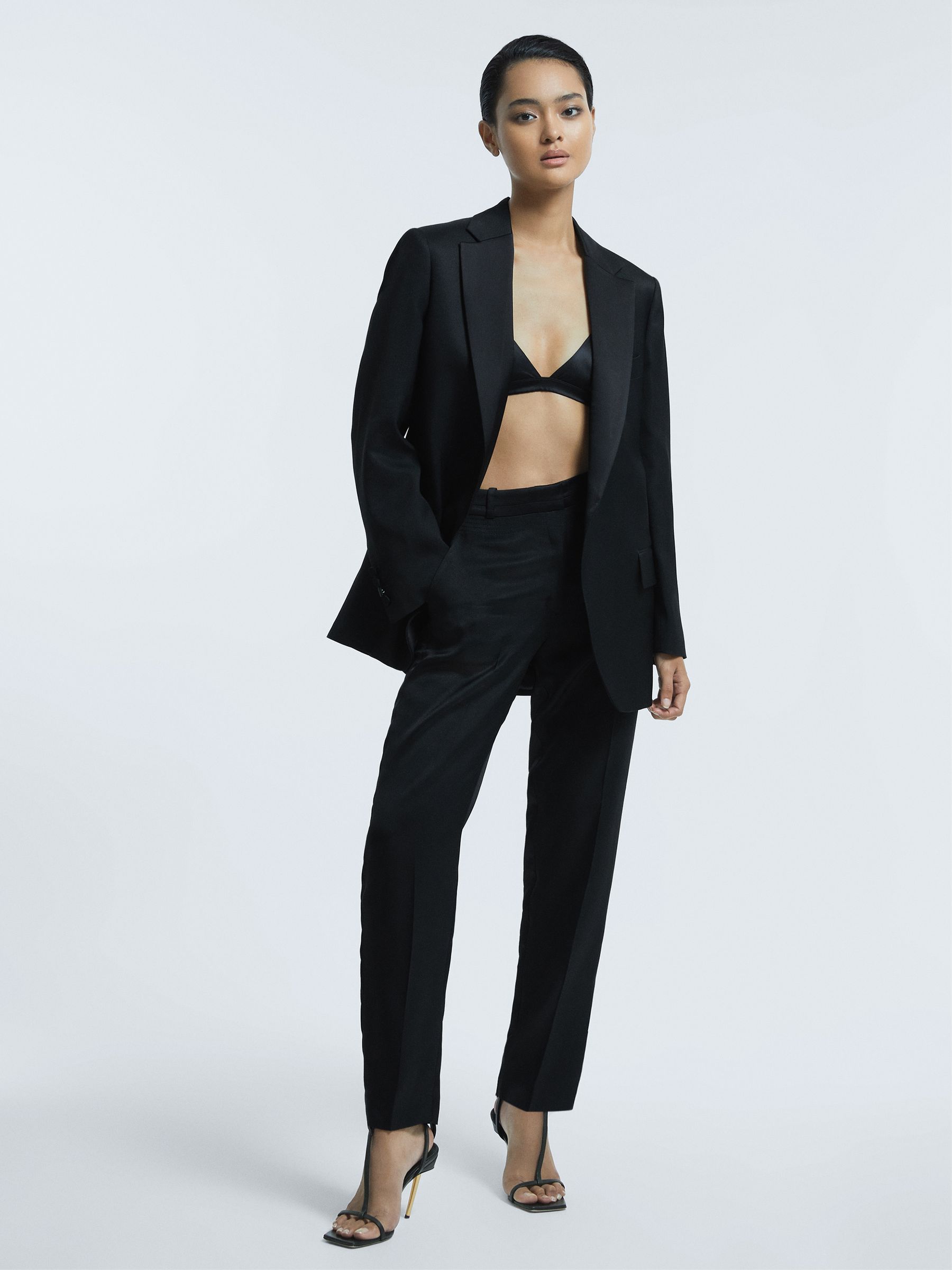 Italian Oversized Satin Detail Single Breasted Blazer in Black - Image 3 of 7