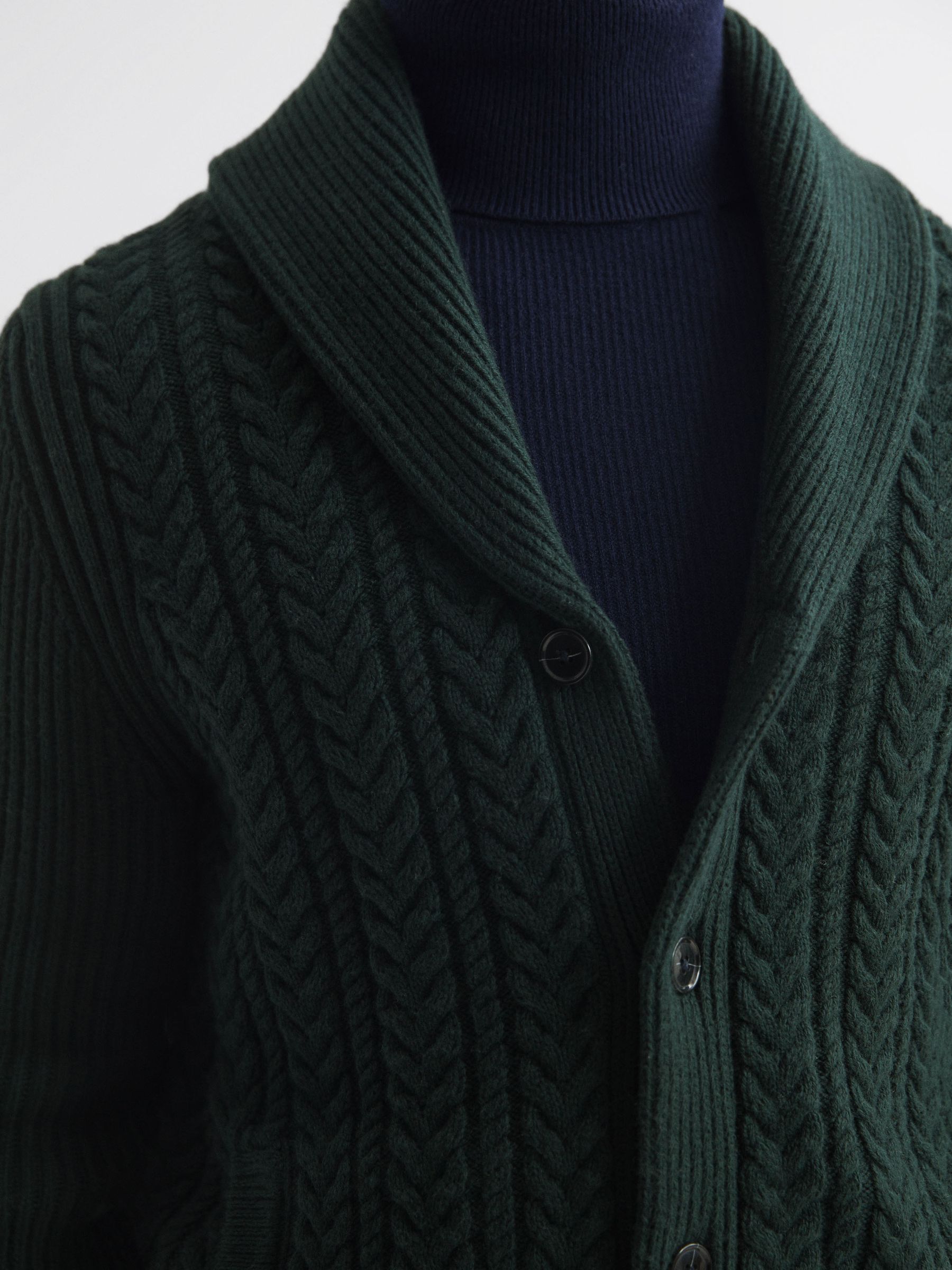 Cotton Blend Cable Knit Cardigan in Forest Green - Image 1 of 5