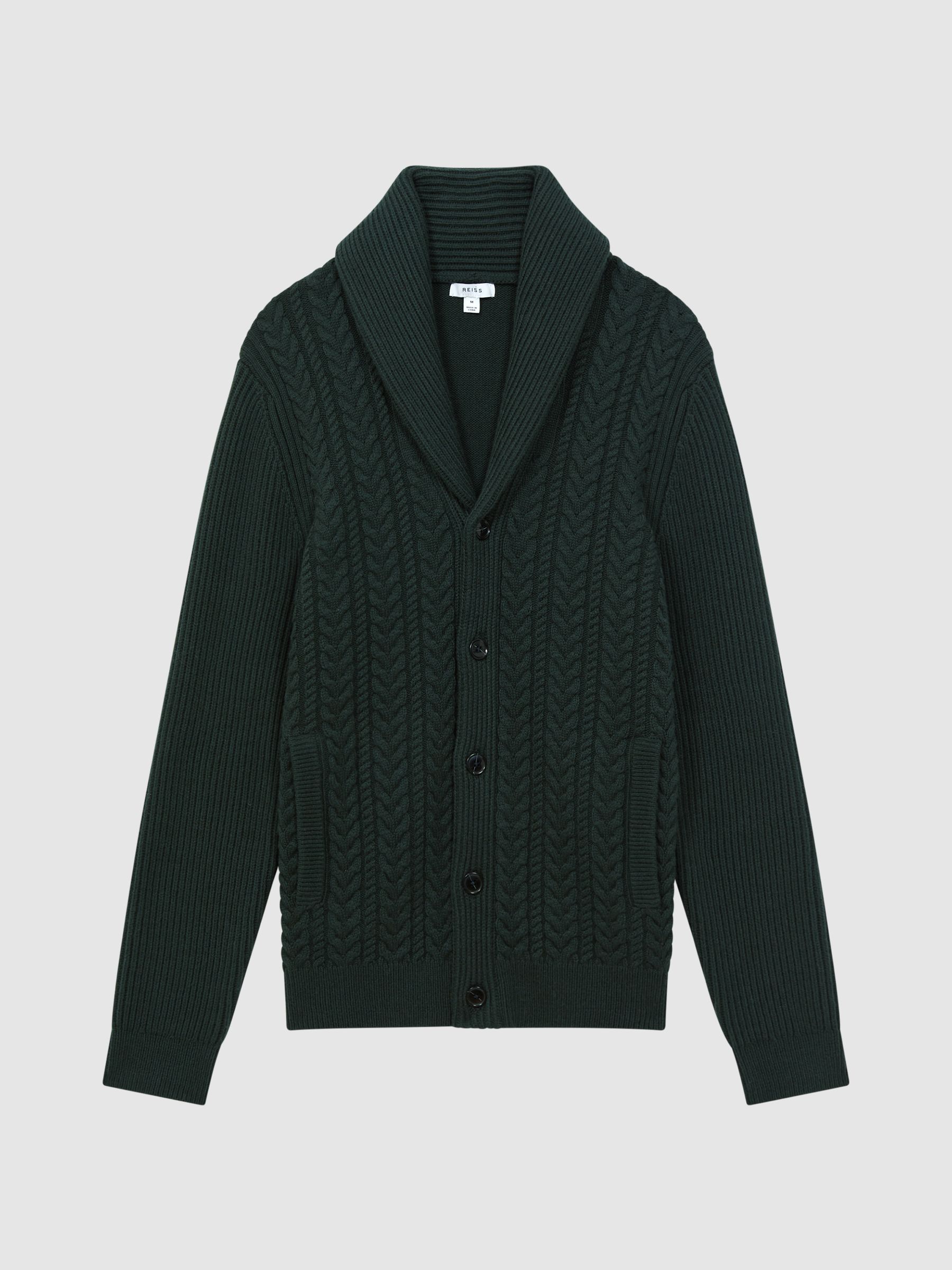 Cotton Blend Cable Knit Cardigan in Forest Green - Image 2 of 5