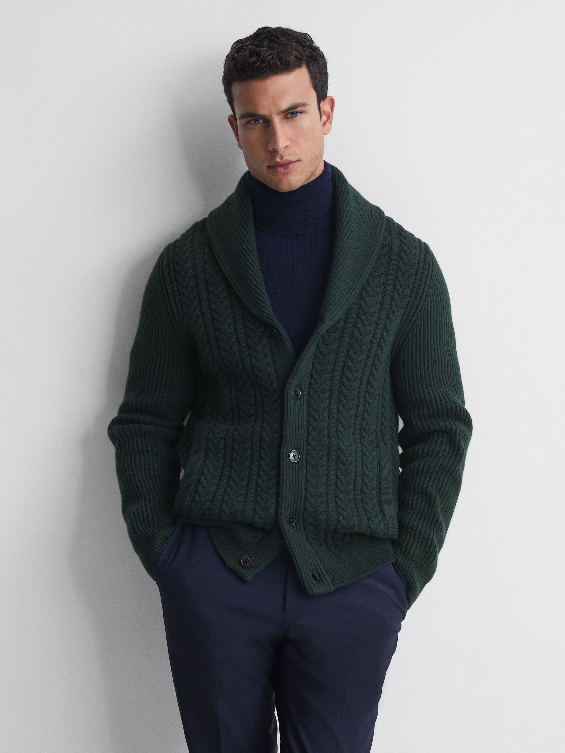 Cotton Blend Cable Knit Cardigan in Forest Green - Image 3 of 5