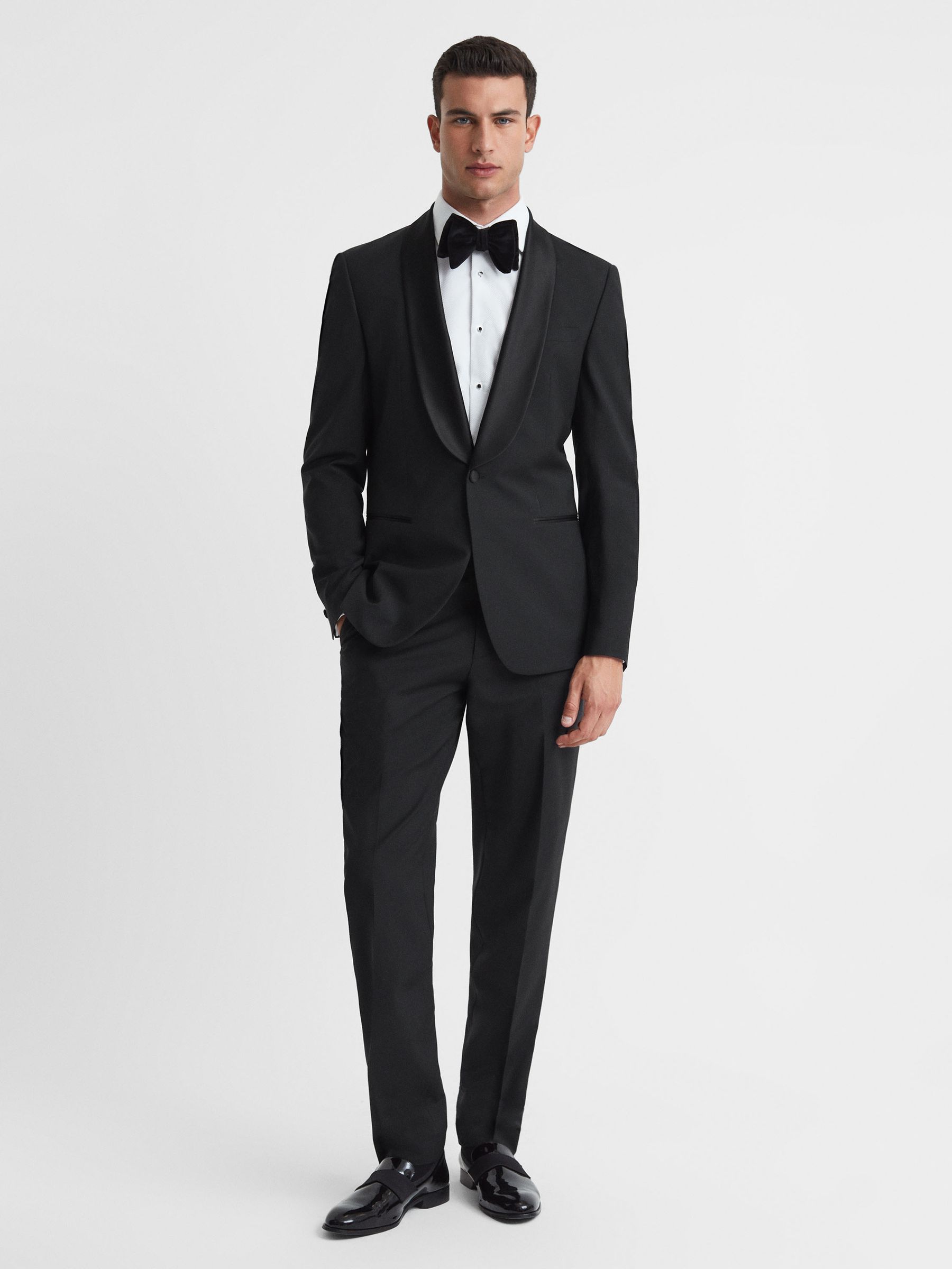 Single Breasted Tuxedo Slim Fit Jacket in Black - Image 3 of 6
