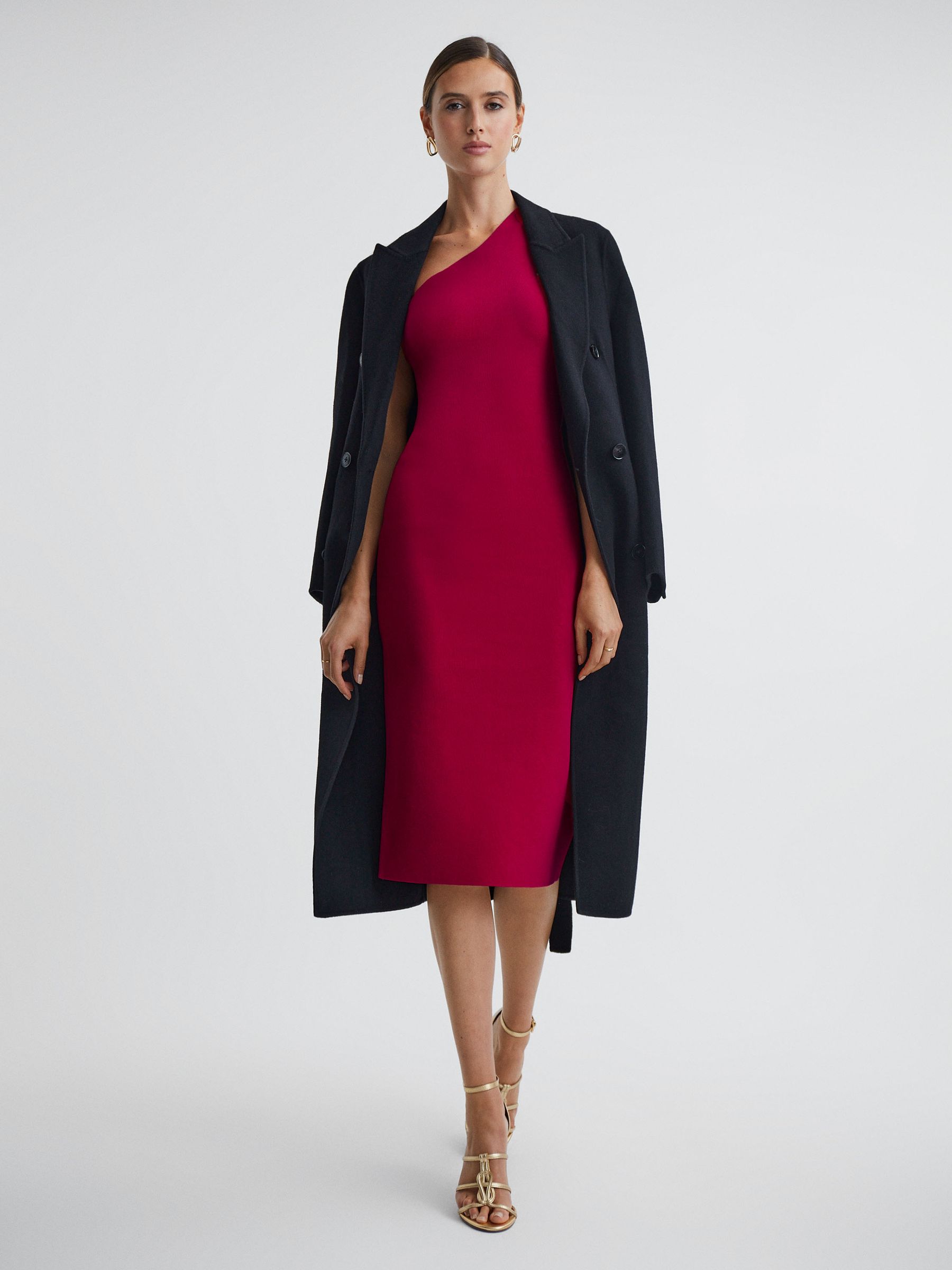 Knitted One Shoulder Bodycon Midi Dress in Pink - Image 4 of 5
