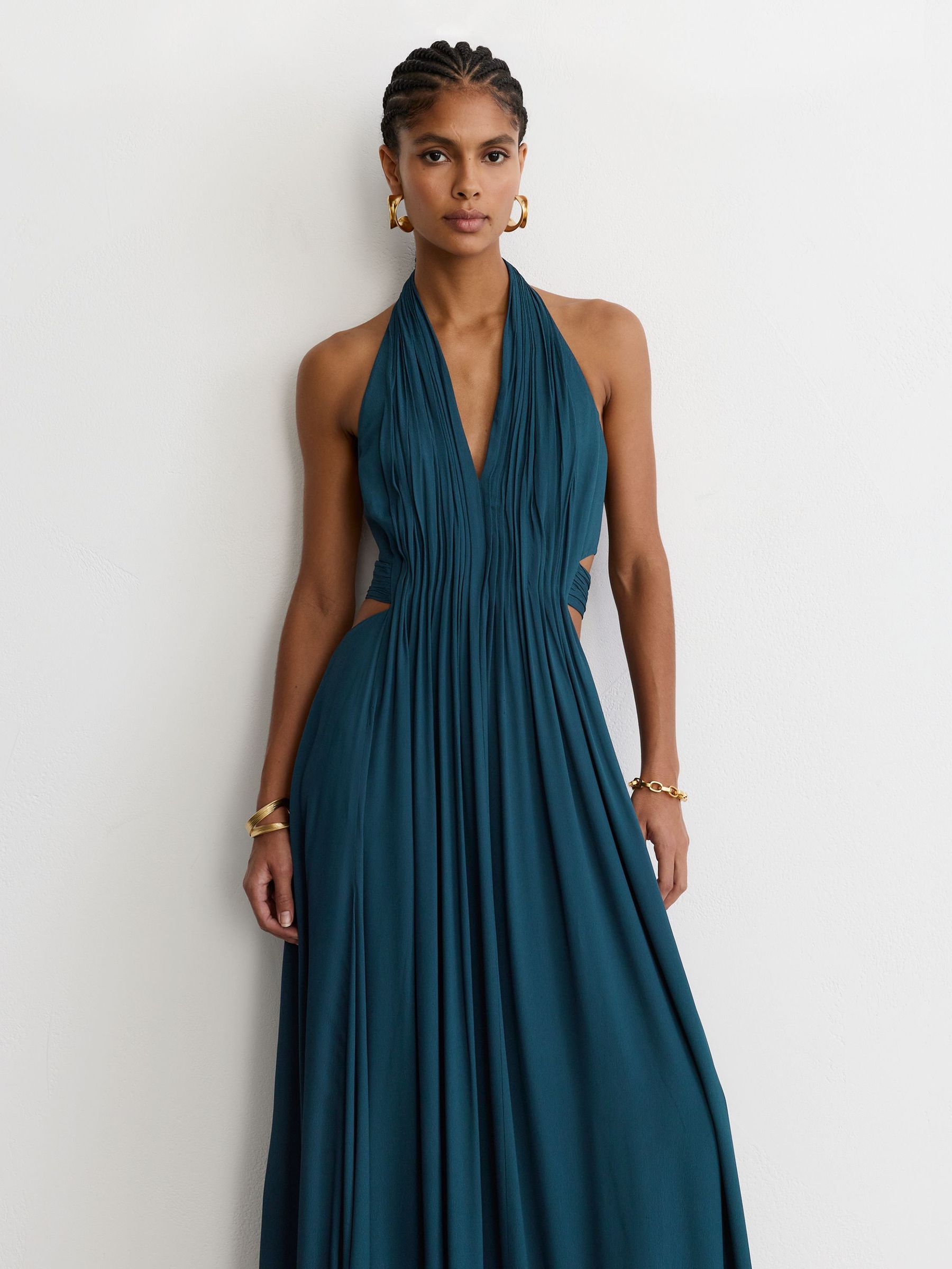 Robe longue plissée dos nu vert turquoise - Image 5 de 7