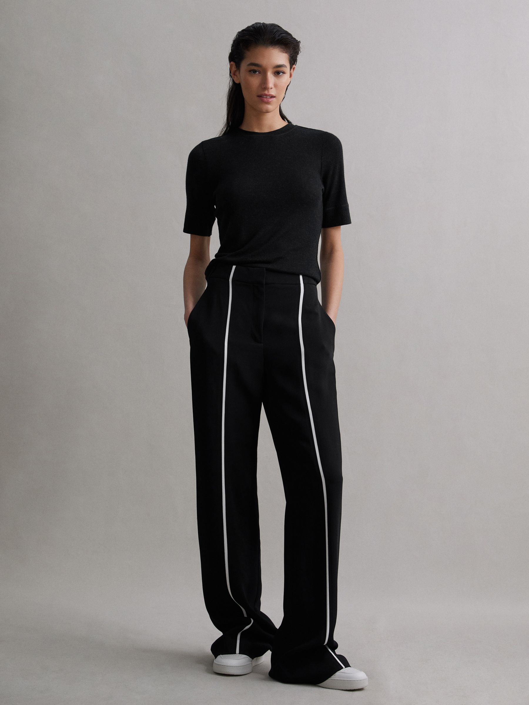 Straight Leg Front Stripe Trousers in Black - Image 1 of 6
