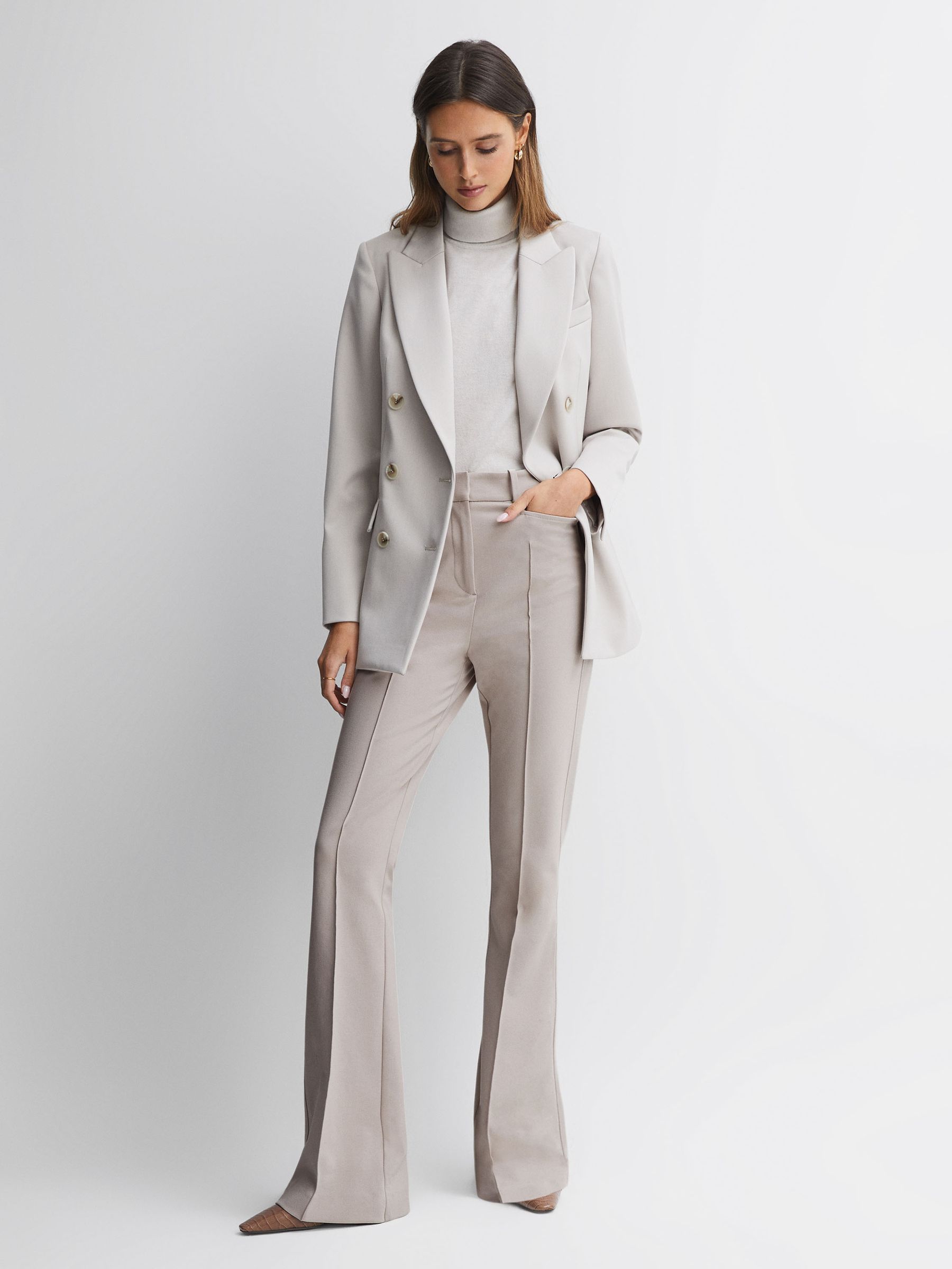 Petite Flared High Rise Trousers in Neutral - Image 8 of 13