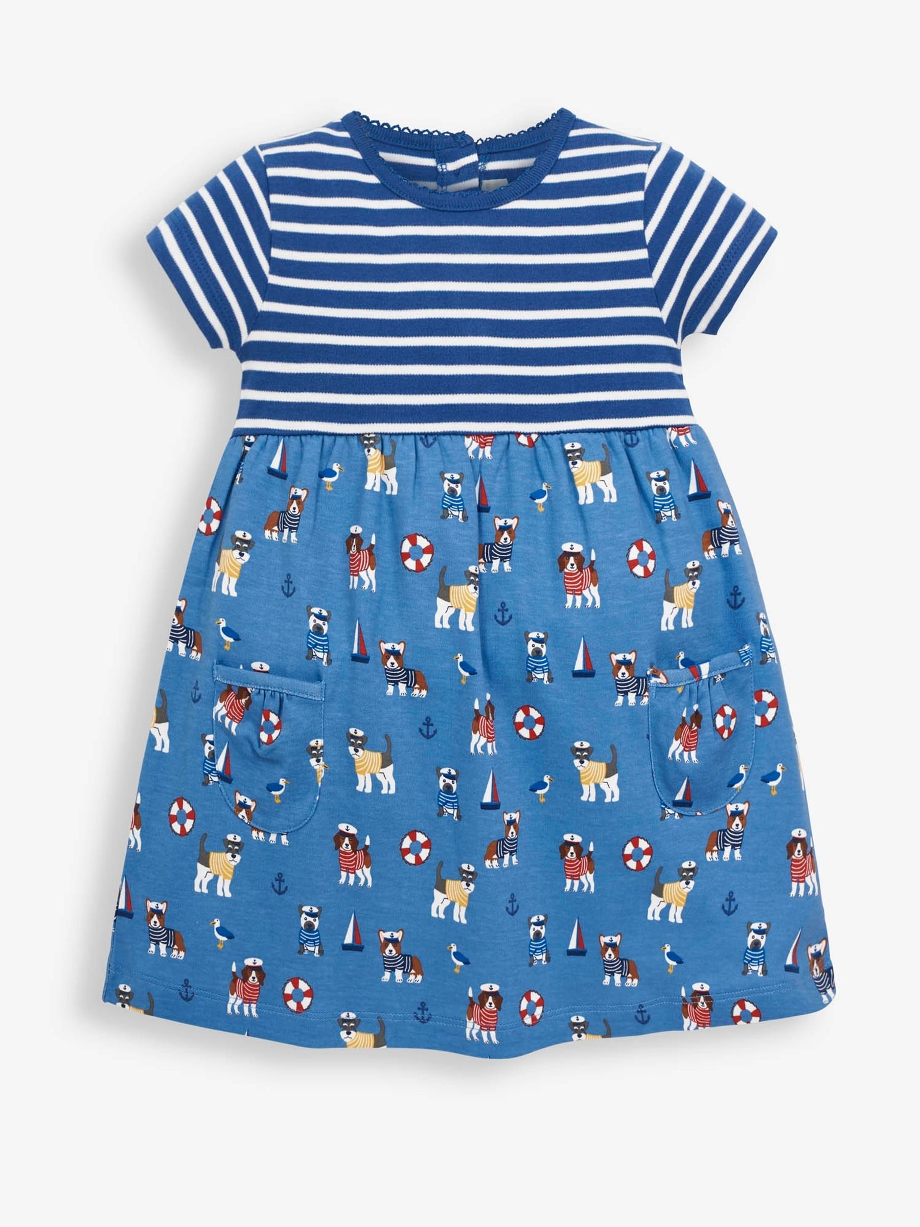 Duck Egg Girls Stripe & Nautical Dog Print Pet in Pocket Dress - Image 1 of 2