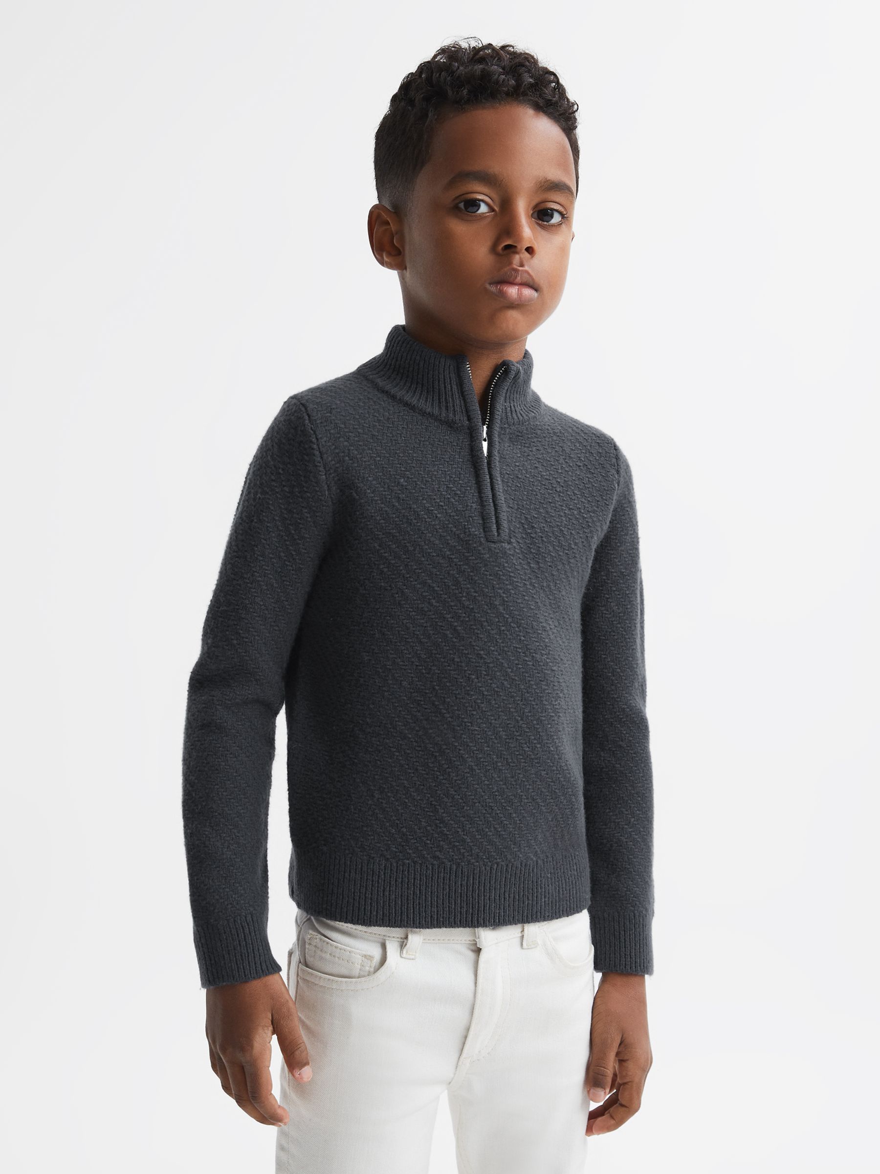 9-14 yrs Slim Fit Knitted Half-Zip Funnel Neck Jumper in Anthracite Grey - Image 1 of 5