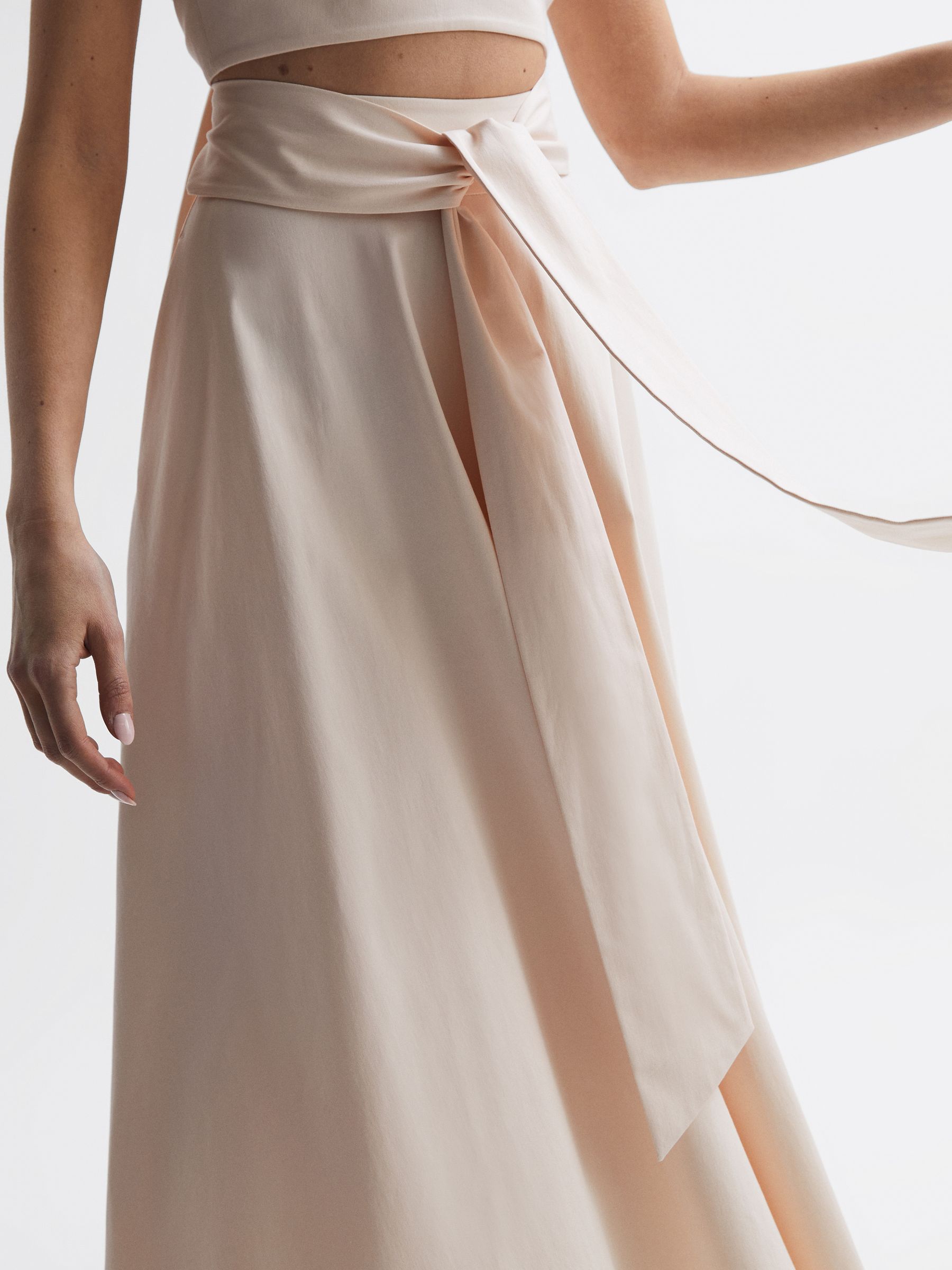 Fitted High Rise Midi Skirt in Nude - Image 1 of 6 Fitted High Rise Midi Skirt in Nude - Image 1 of 6