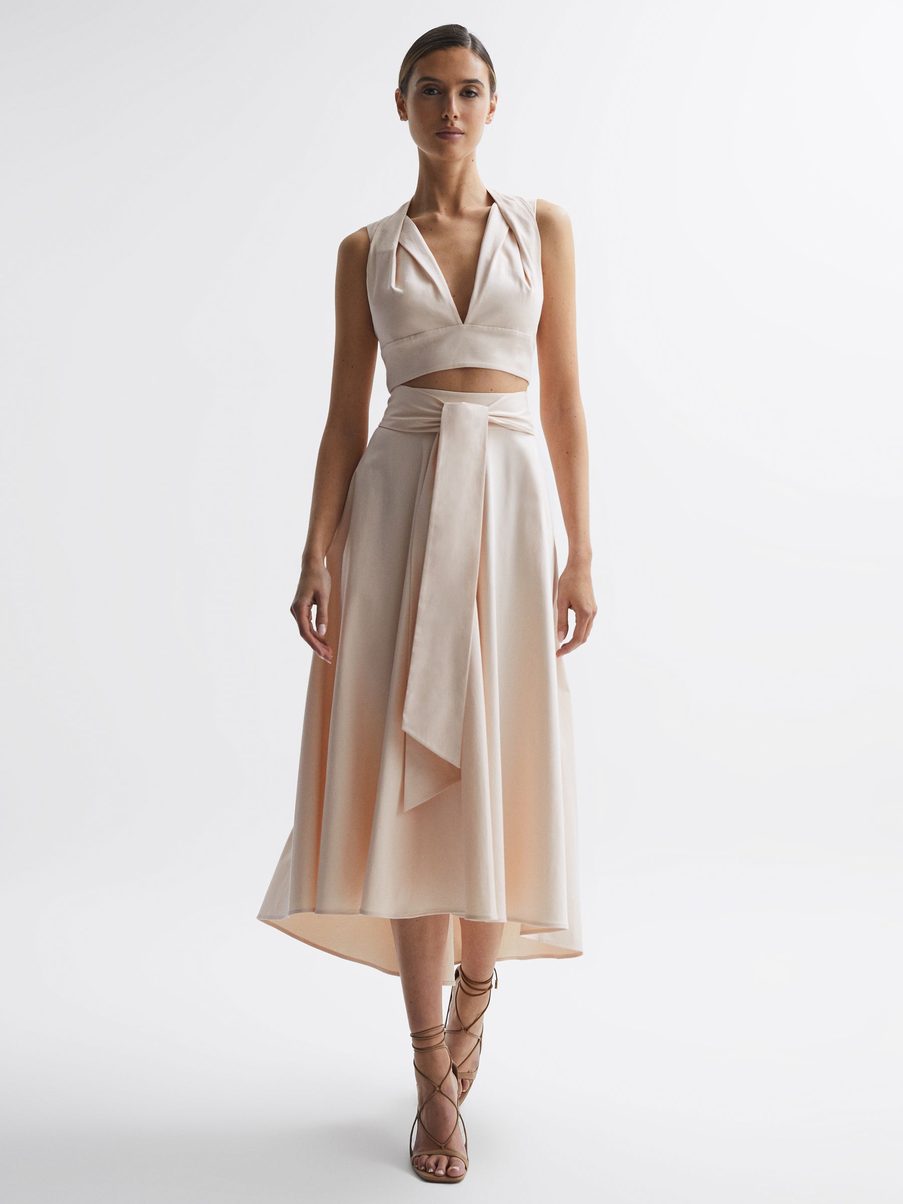 Fitted High Rise Midi Skirt in Nude - Image 3 of 6