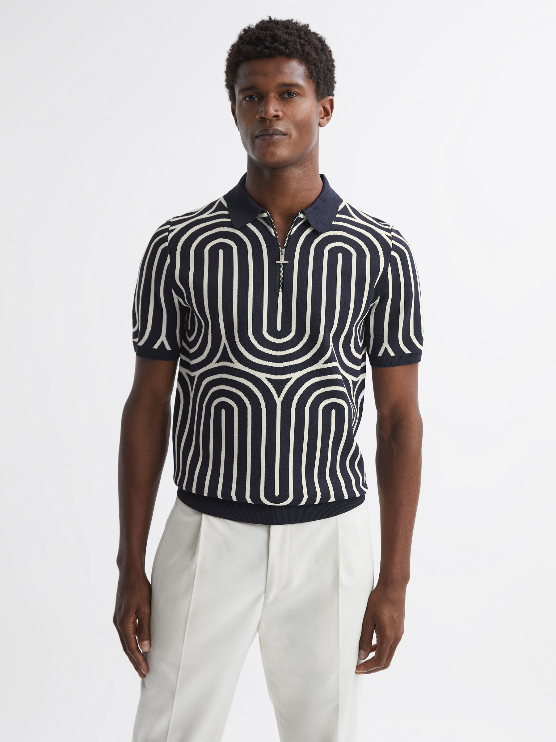 Half-Zip Striped Polo T-Shirt in Navy/White - Image 1 of 4