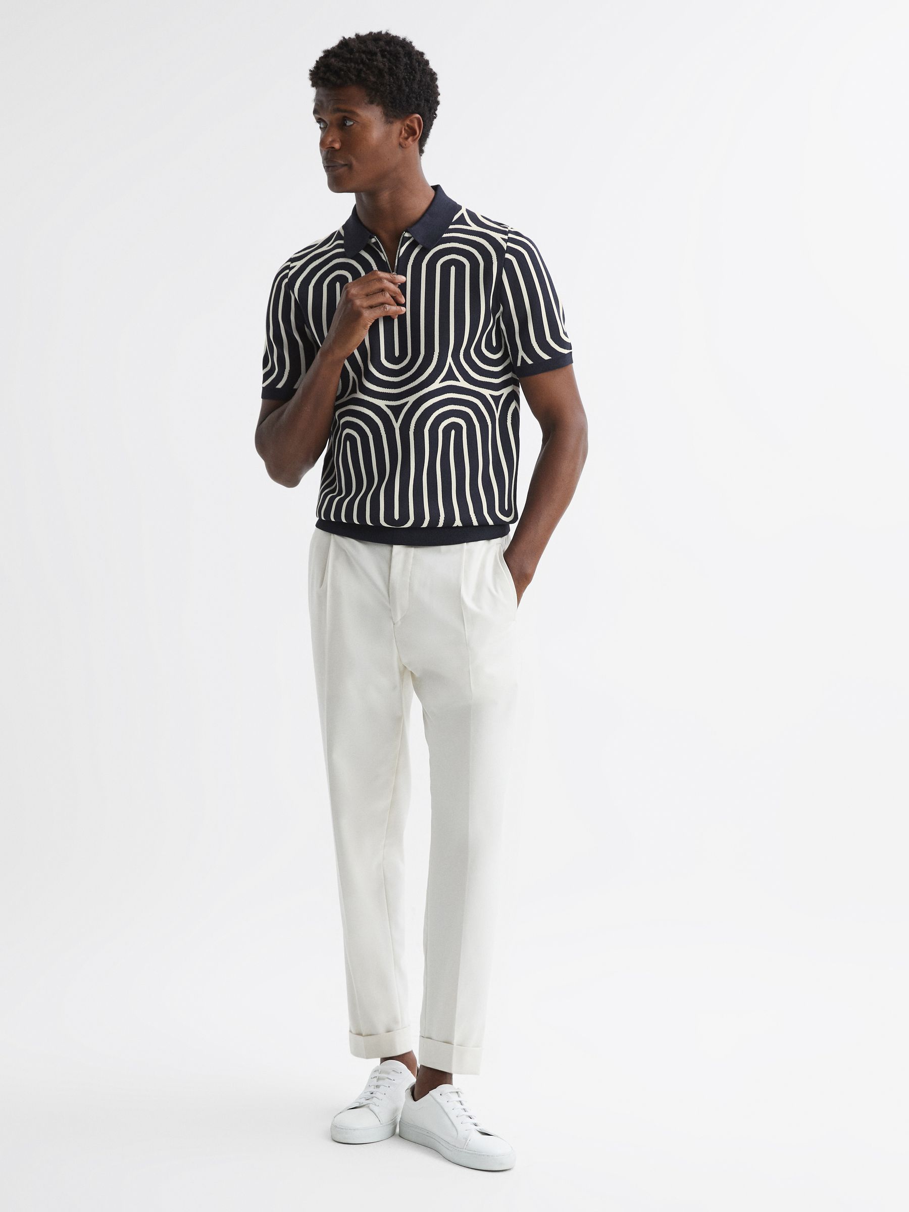Half-Zip Striped Polo T-Shirt in Navy/White - Image 3 of 4