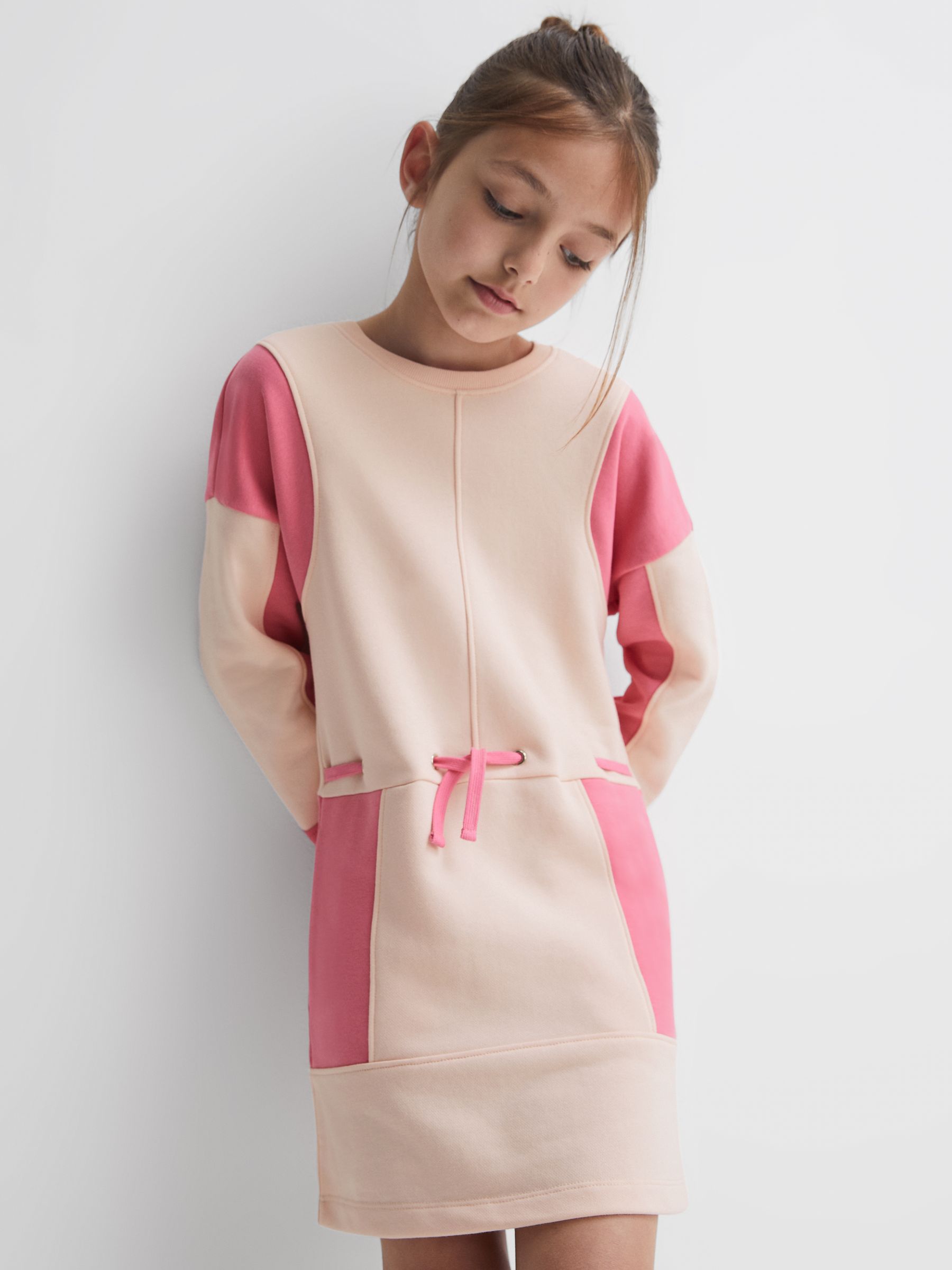 4-9 yrs Colourblock Cotton Drawstring Dress in Pink - Image 1 of 6