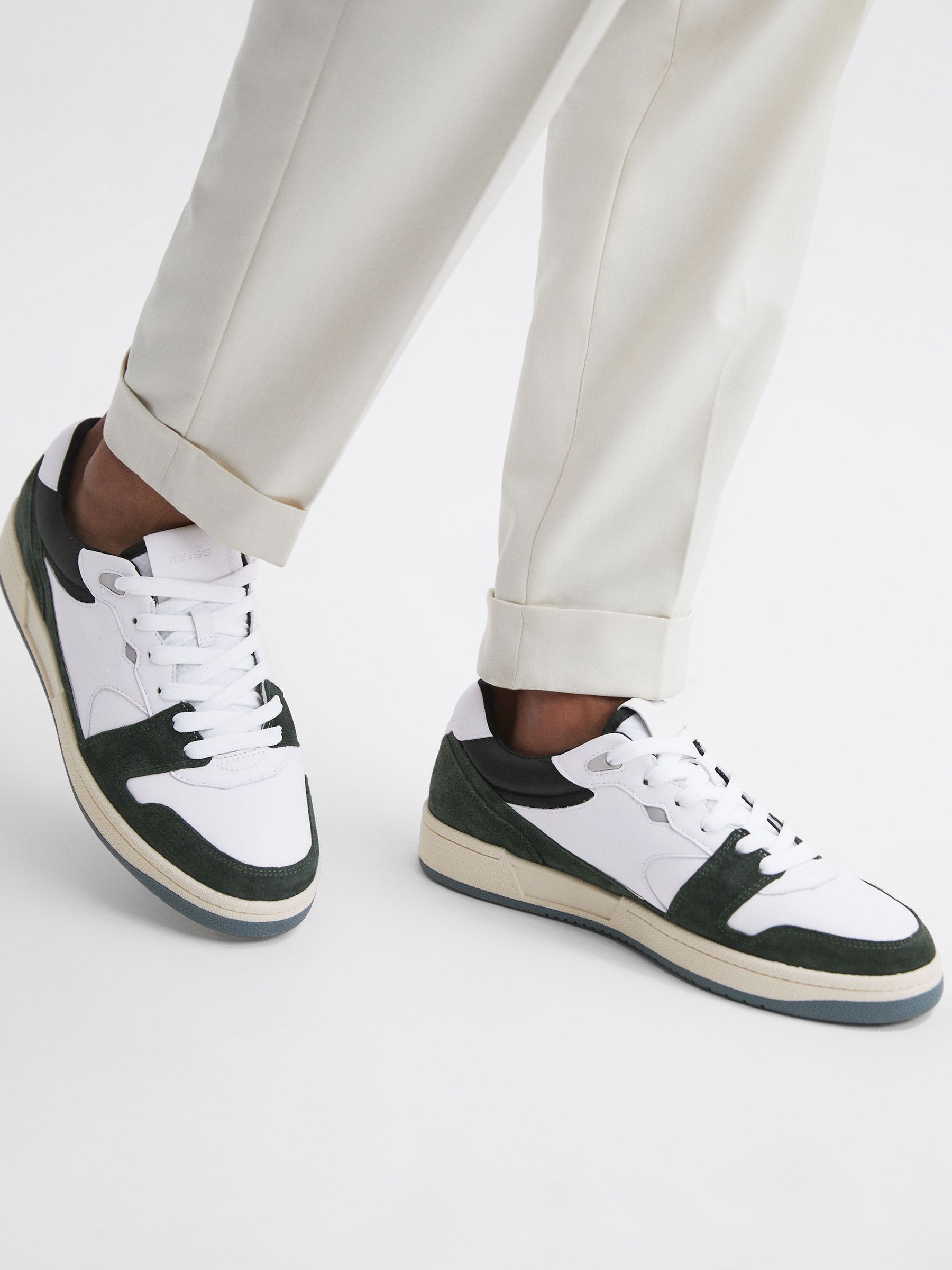 Leather Colourblock Lace-Up Trainers in Forest Green - Image 2 of 6