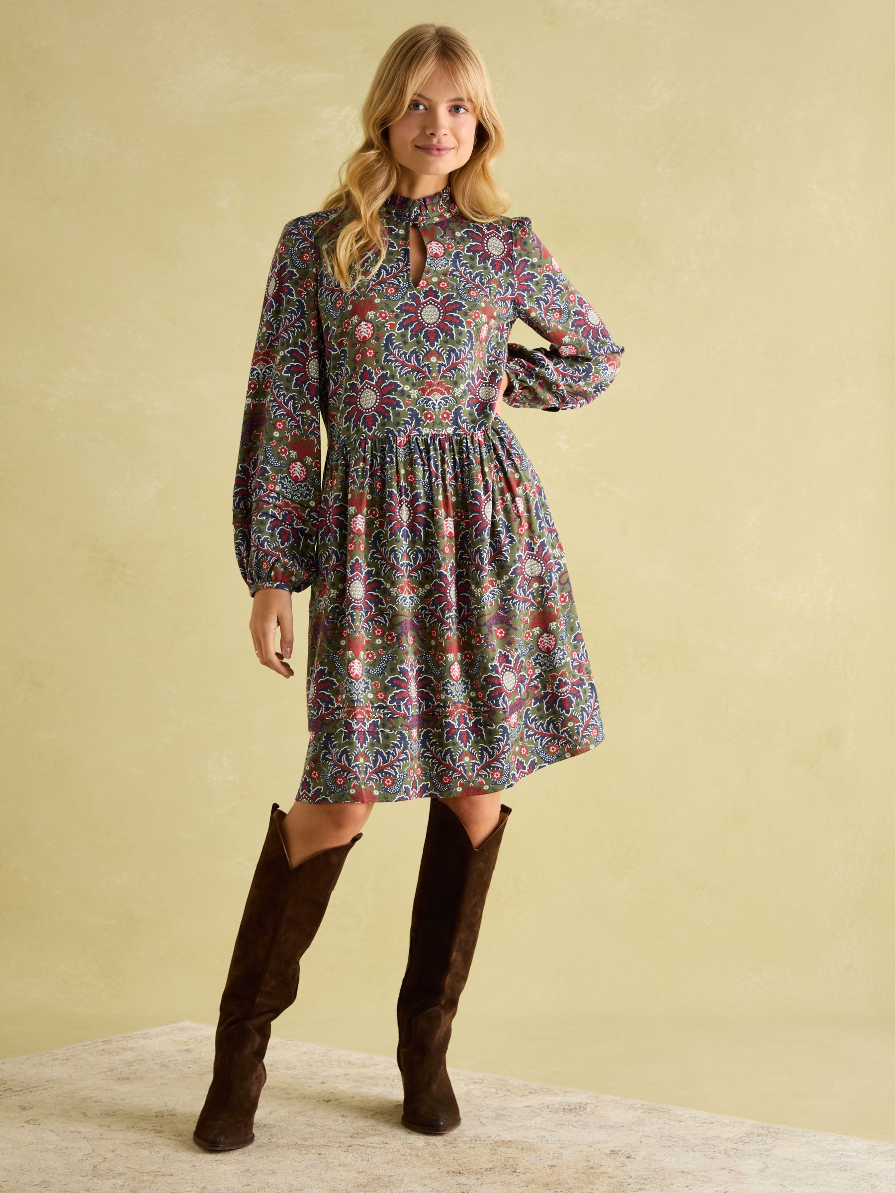 Petunia Khaki Green Frill Neck Dress - Image 1 of 8