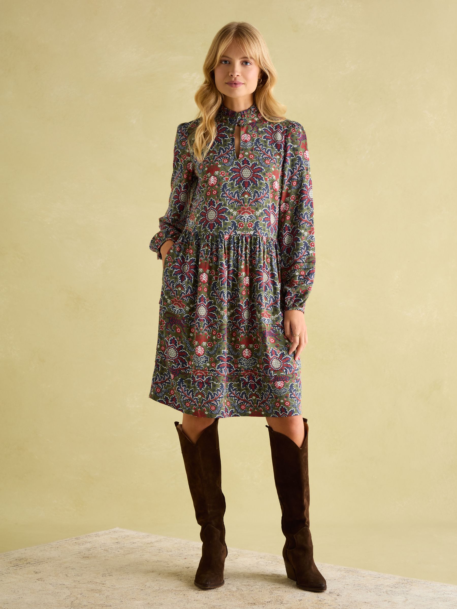 Petunia Khaki Green Frill Neck Dress - Image 4 of 8
